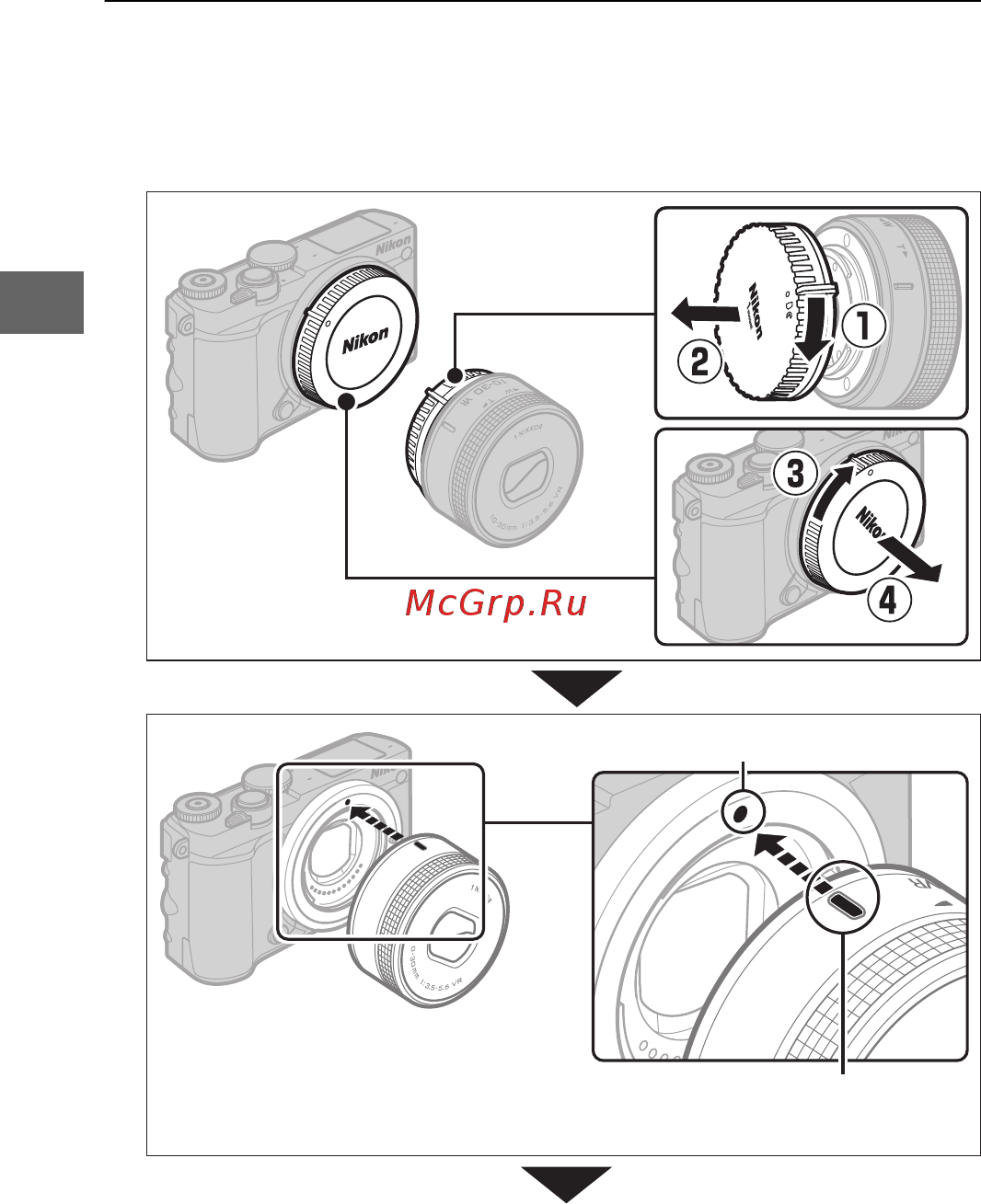 Nikon 1 J5 Kit Silver [48/270] Установите объектив следите чтобы при снятом объективе или снятой защитной крышке внутрь фотокамеры не попала пыль обычно в качестве иллюстрации в данном руководстве представлен объектив 1 nikkor vr 10 30 мм f 3 5 5 6 pd zoom