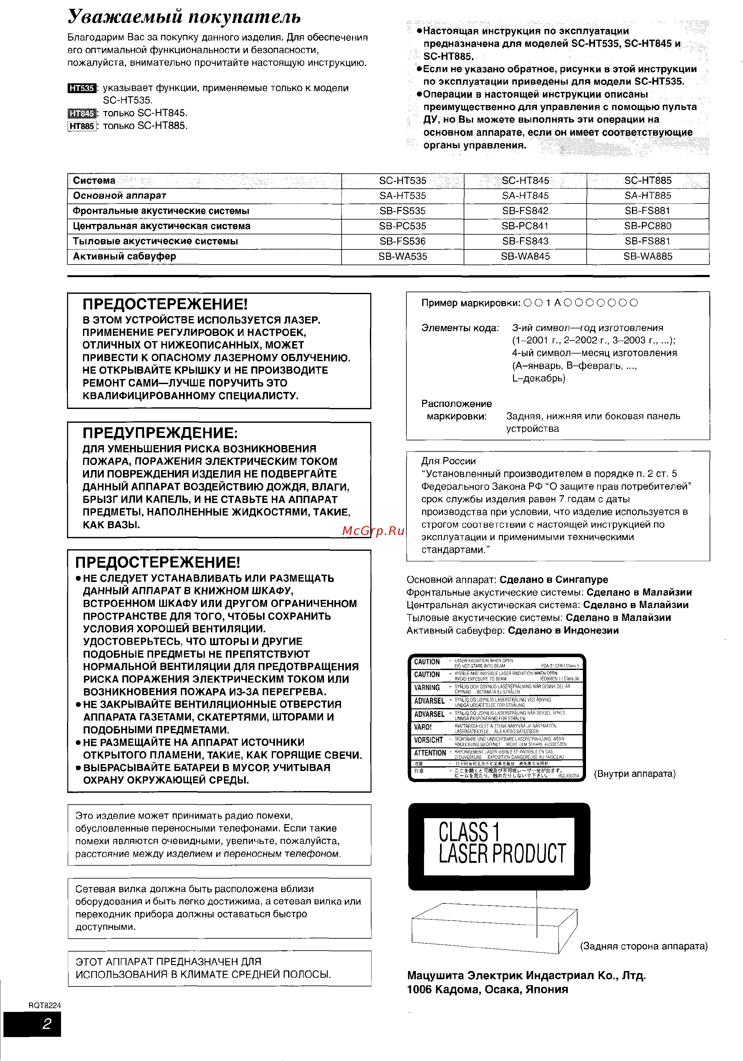 Panasonic SC-HT535 EE-S [2/33] Мацушита электрик индастриал ко лтд 1006 кадома осака япония