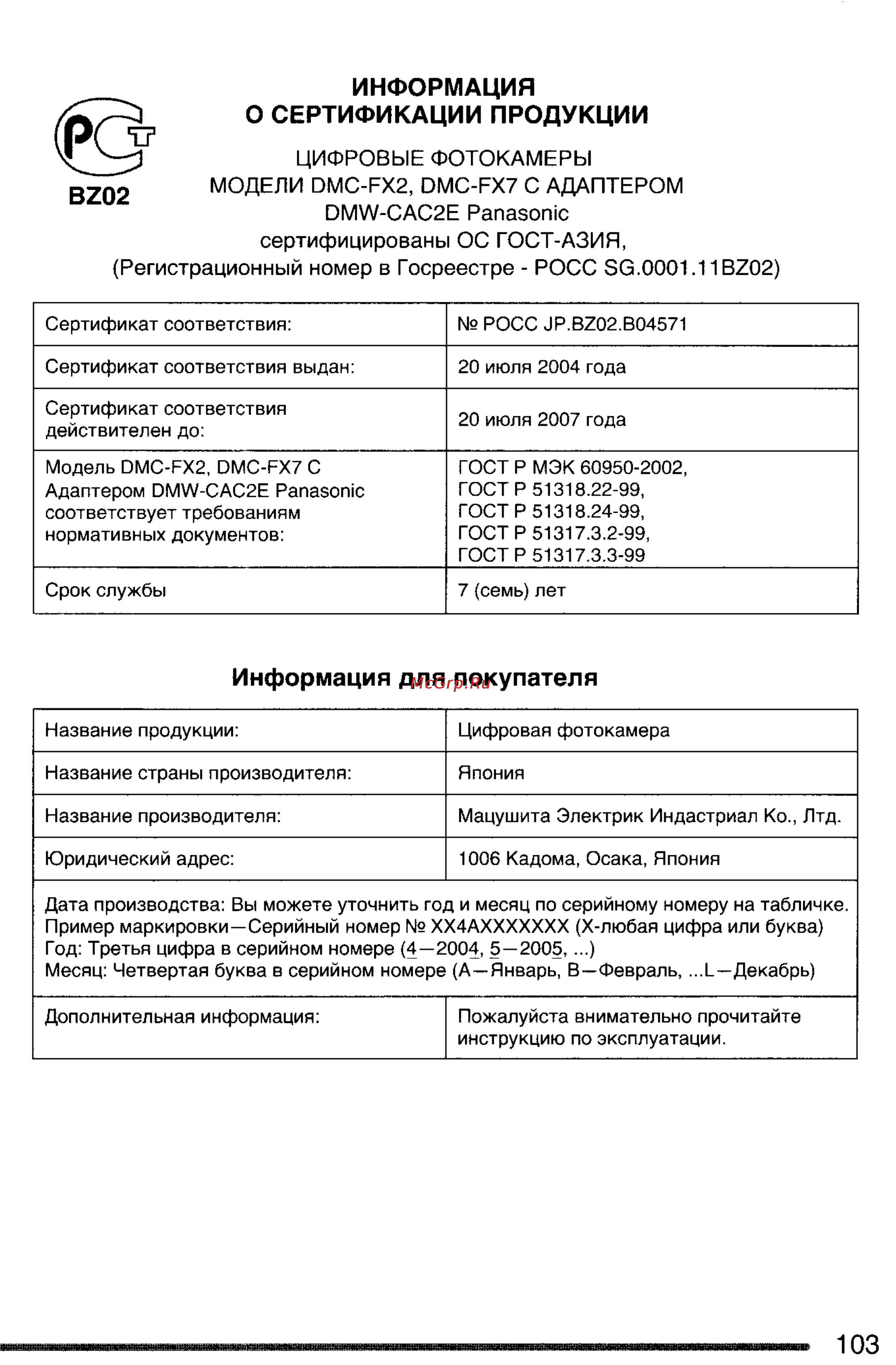 Panasonic DMC-FX2GC-S [103/154] Информация