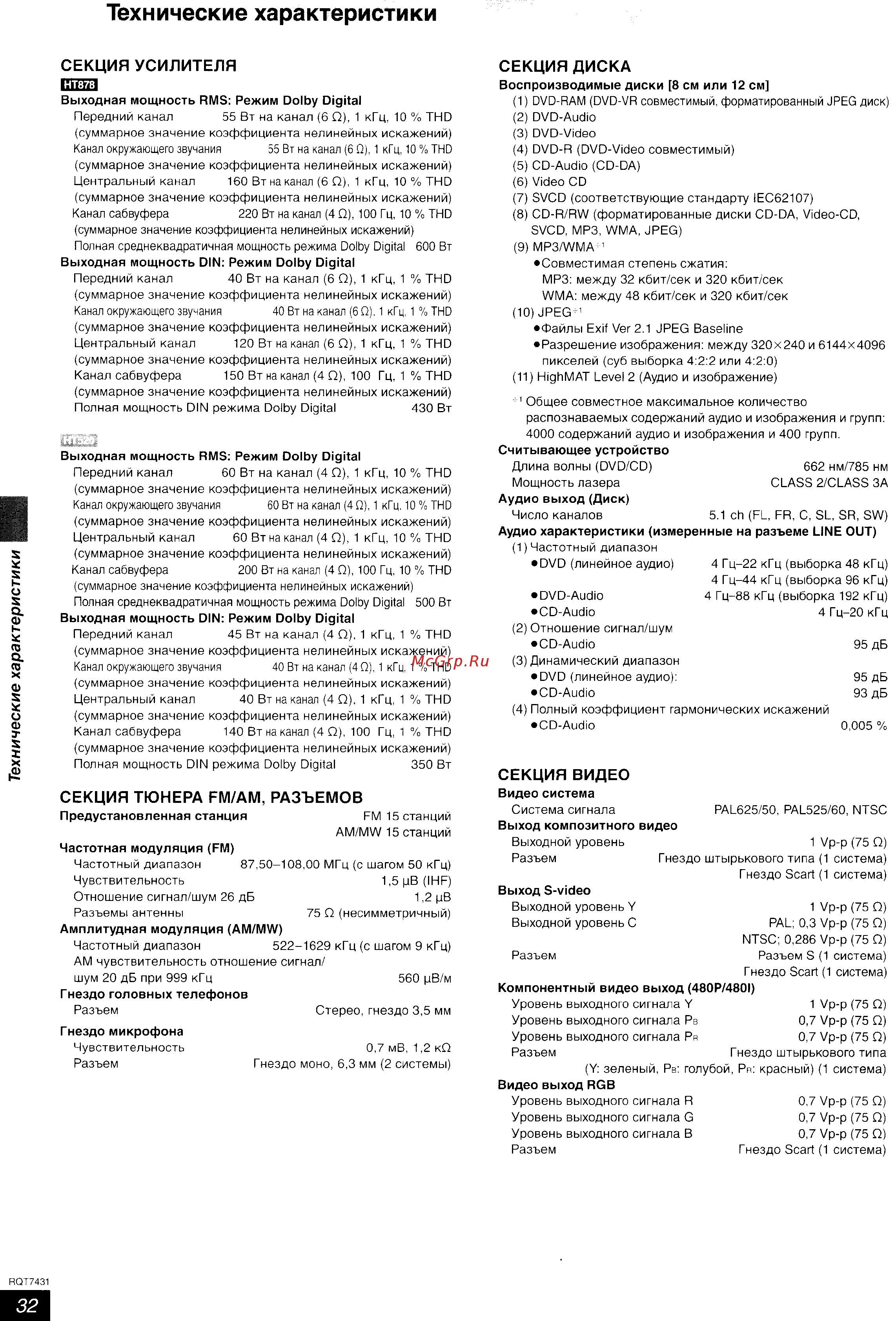 Panasonic SC-HT878 EE-S [32/35] Технические характеристики