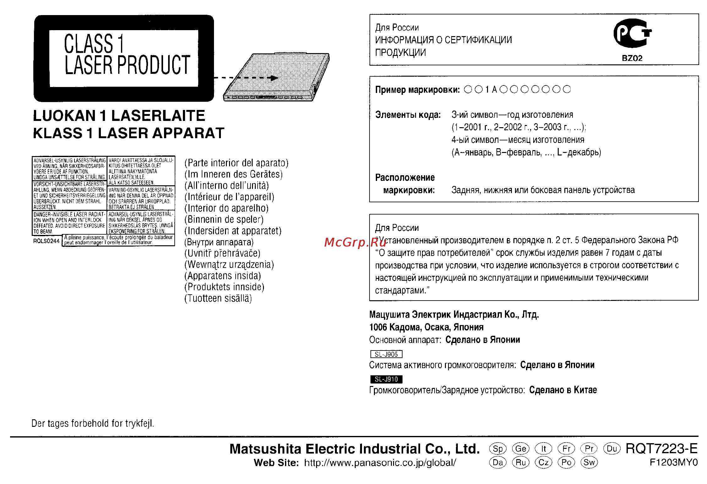 Panasonic SL-J905 EG-S [10/10] Luokan 1 laserlaite klass 1 laser apparat