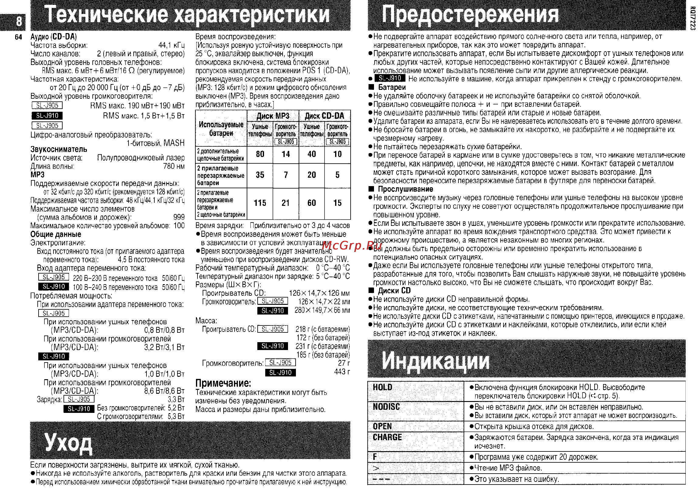 Panasonic SL-J910 EG-A [8/10] Fl технические характеристики