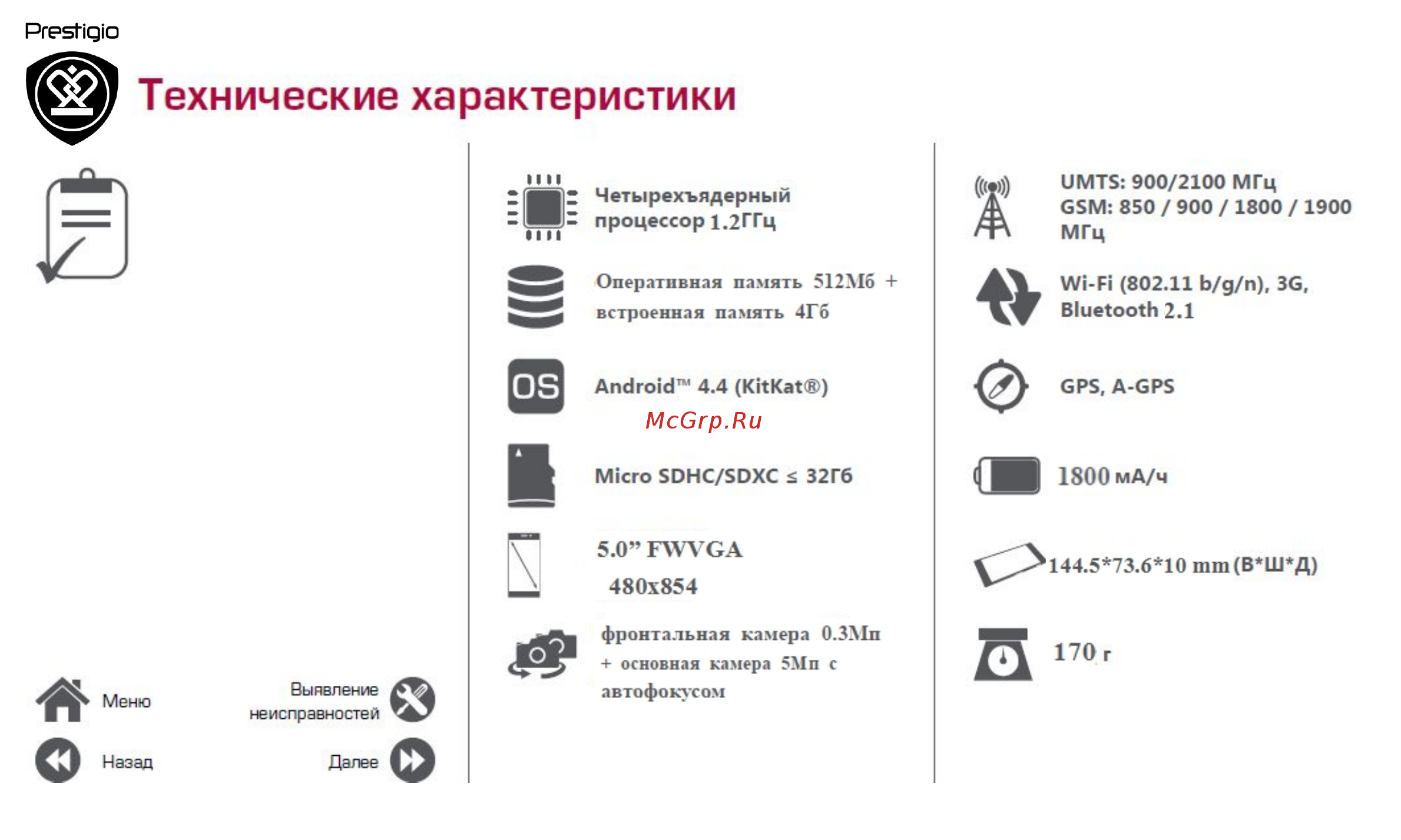 Prestigio Wize D3 3505 Duo [37/39] Технические характеристики