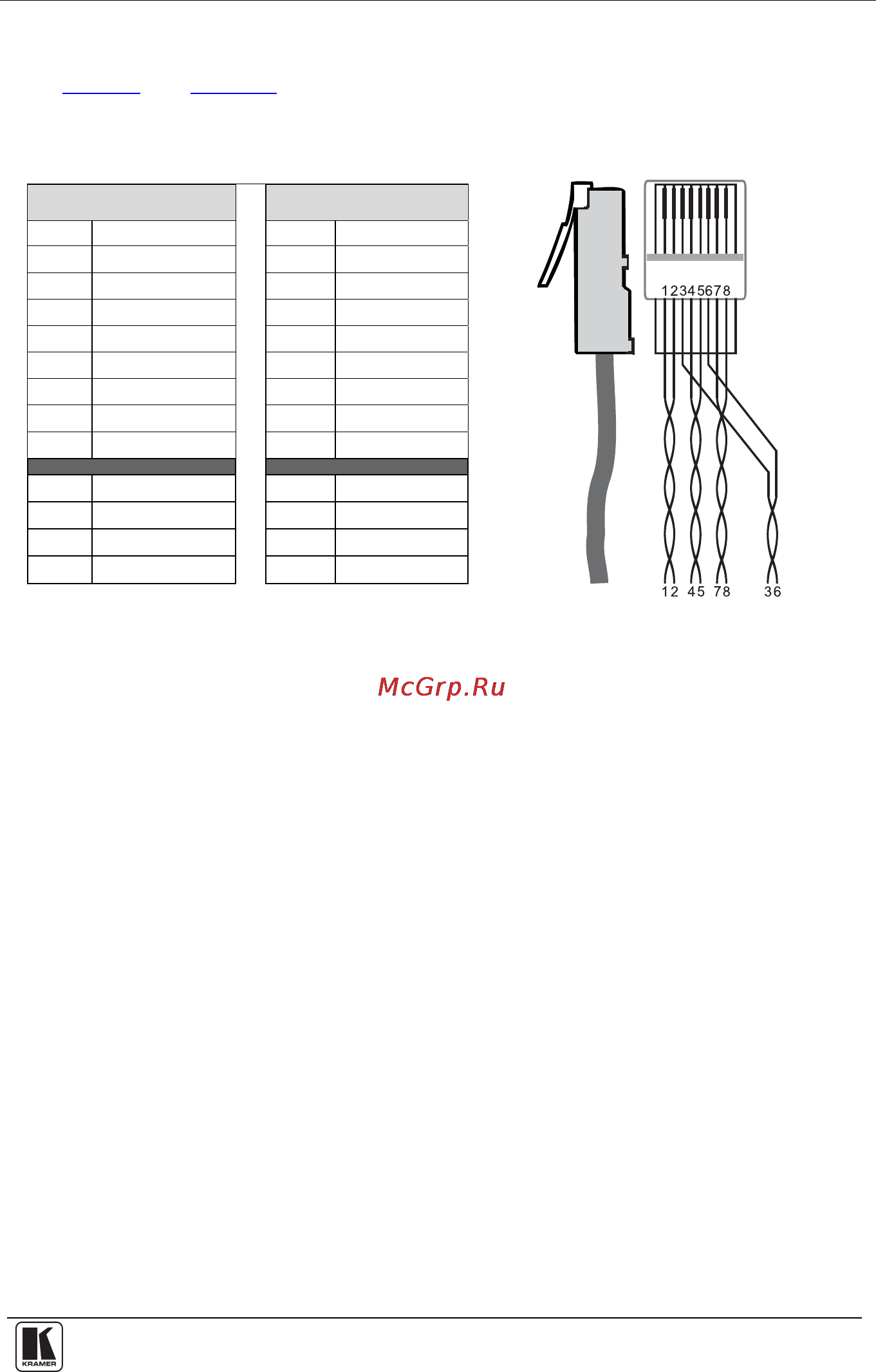Kramer TP-45RC [19/22] Table 6 and figure 9 define the twisted pair pinout using a straight pin to pin cable with rj 45 connectors