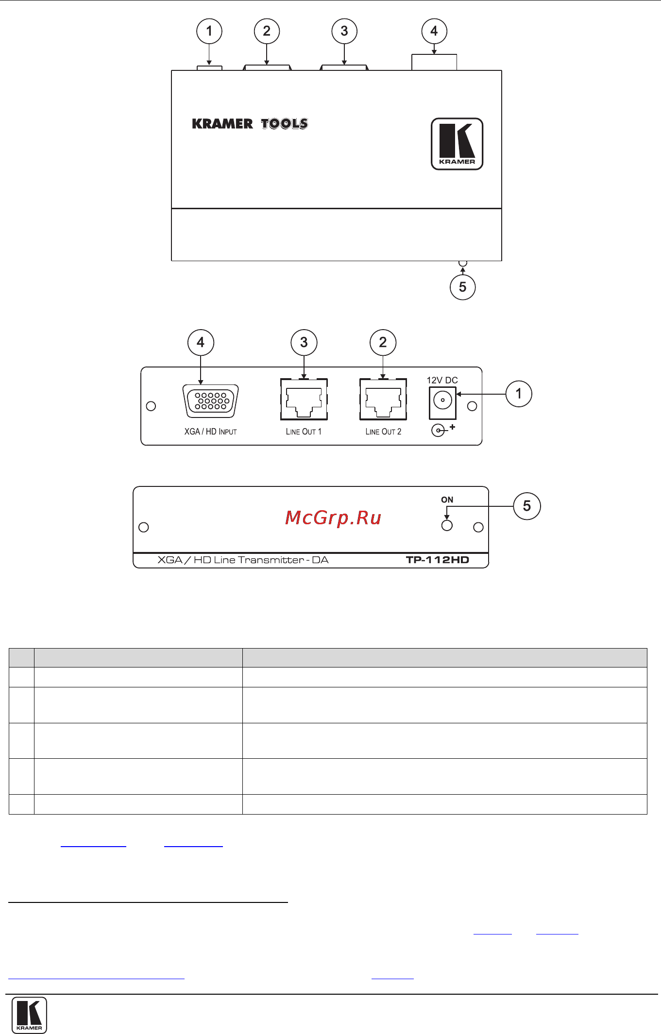 Kramer TP-112HD [7/13] Figure 4 and table 2 define the tp 112hd underside panel