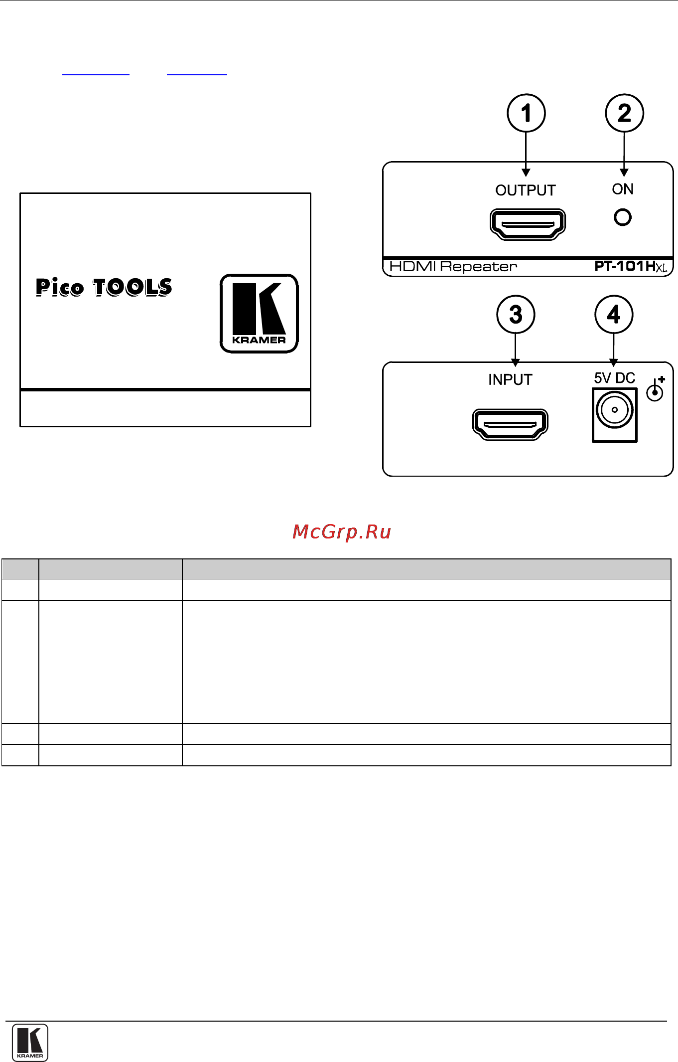 Kramer PT-101Hxl [7/11] Figure 1 and table 1 define the pt 101hxl hdmi repeater