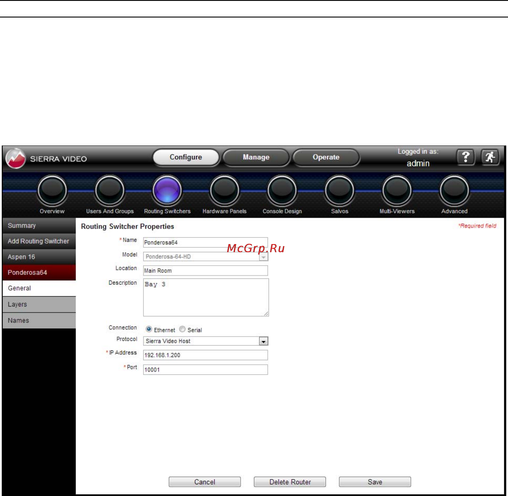 Kramer Sierra Ponderosa 6464HDR-64 [43/128] Changing routing switcher configurations