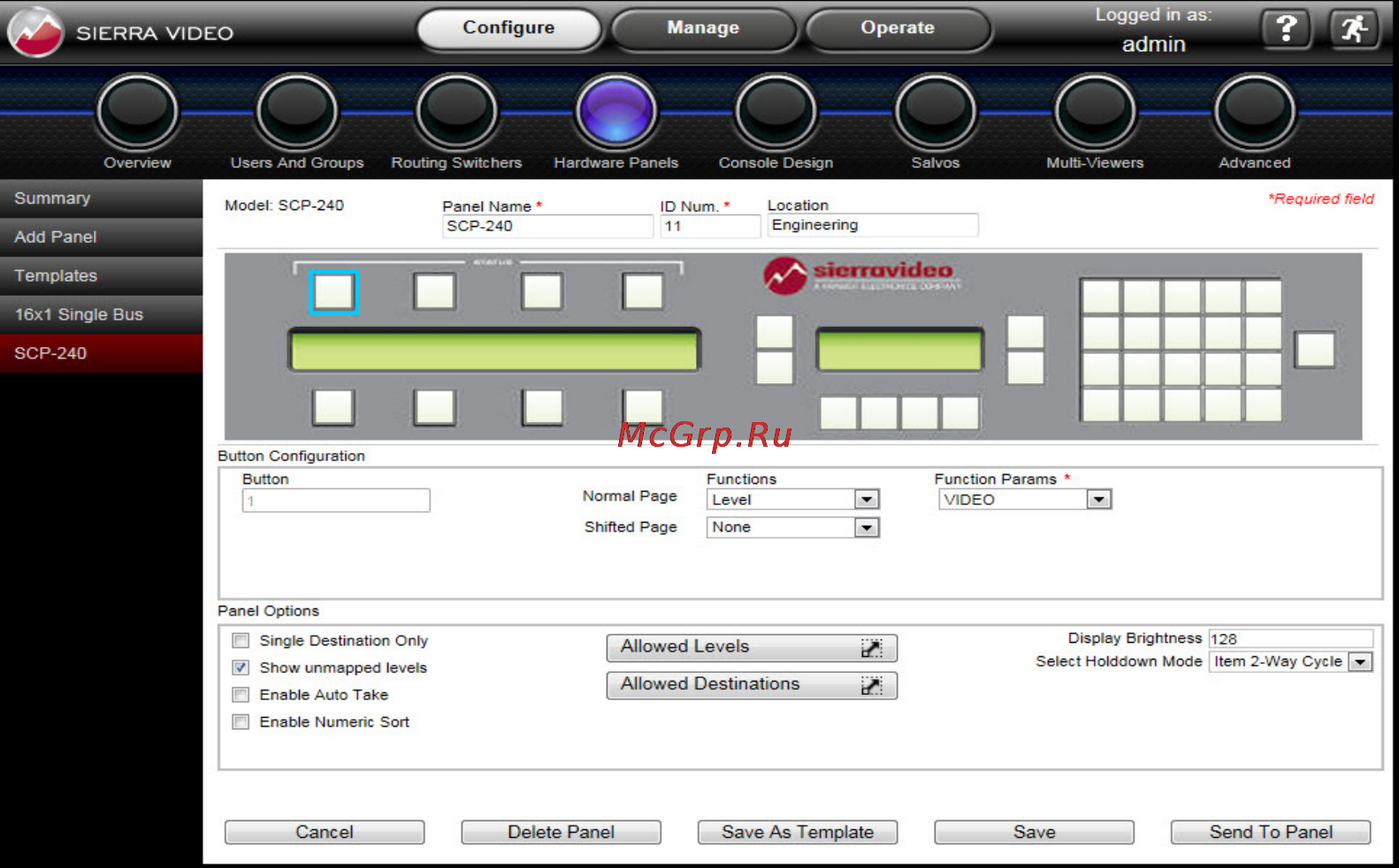 Kramer Sierra Ponderosa 6464HDR-64 [50/128] Button configuration