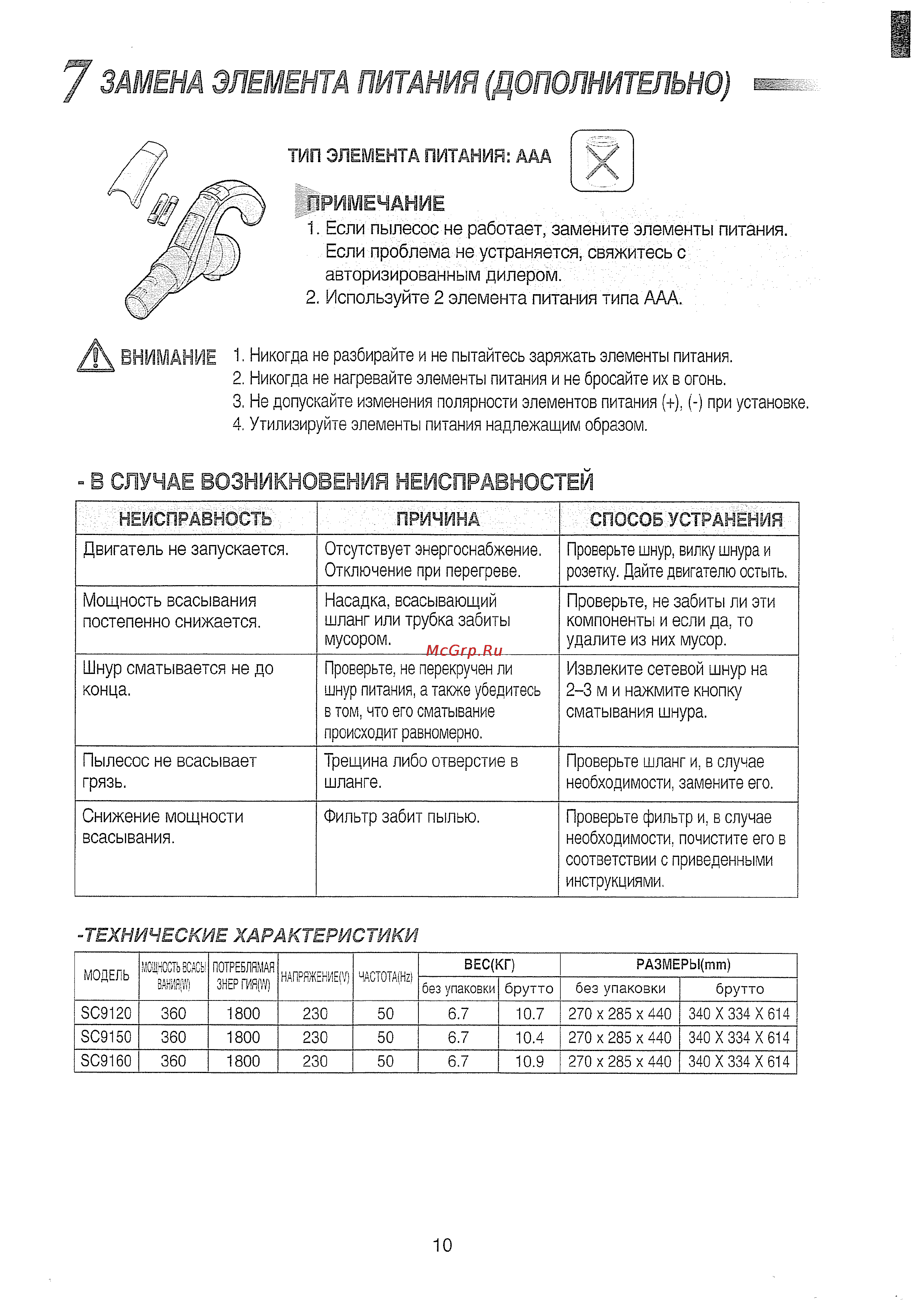 Samsung SC9120 [11/12] Технические характеристики