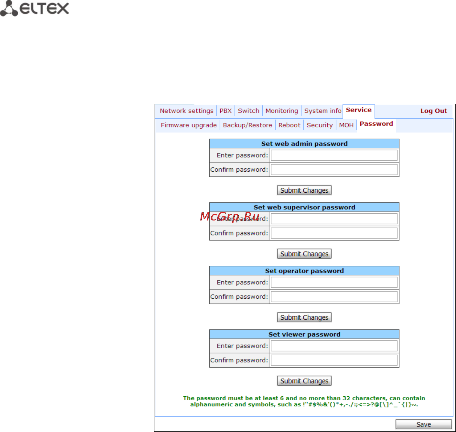 Eltex TAU-32М.IP (32 FXS/FXO) [132/214] Изменение паролей доступа через web конфигуратор password