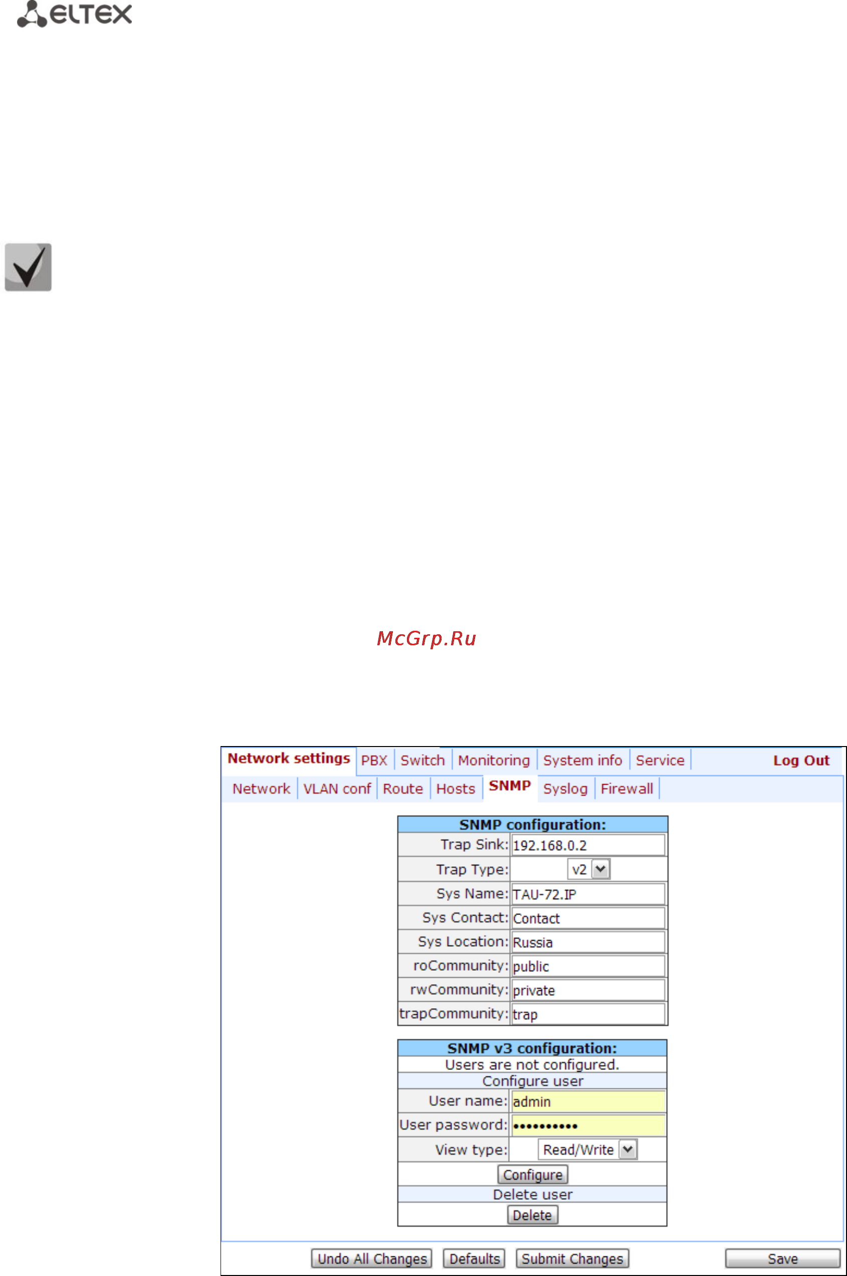 Eltex TAU-32М.IP (32 FXS/FXO) [42/214] Настройка протокола snmp
