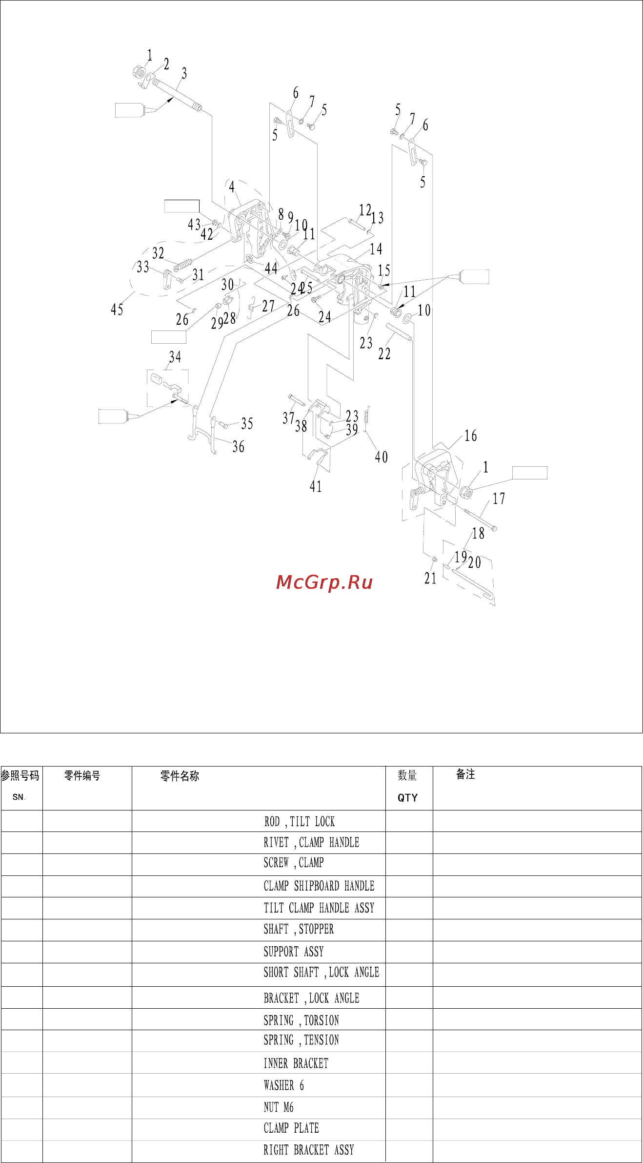 Parsun F20A FWS [89/106] Disassembling and inspection 1 remove limitative rod and bolt m6x145 2 remove nut and bolt of tilt stopper plate and remove the tilt stopper plate