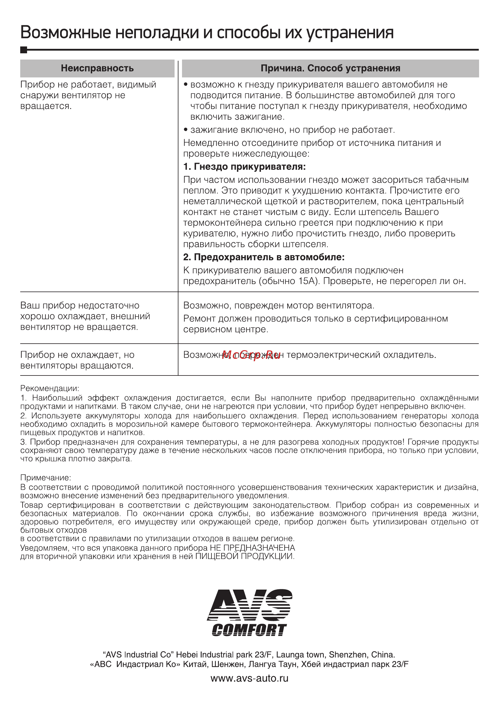 AVS CC-24NB [4/4] Возможные неполадки и способы их устранения