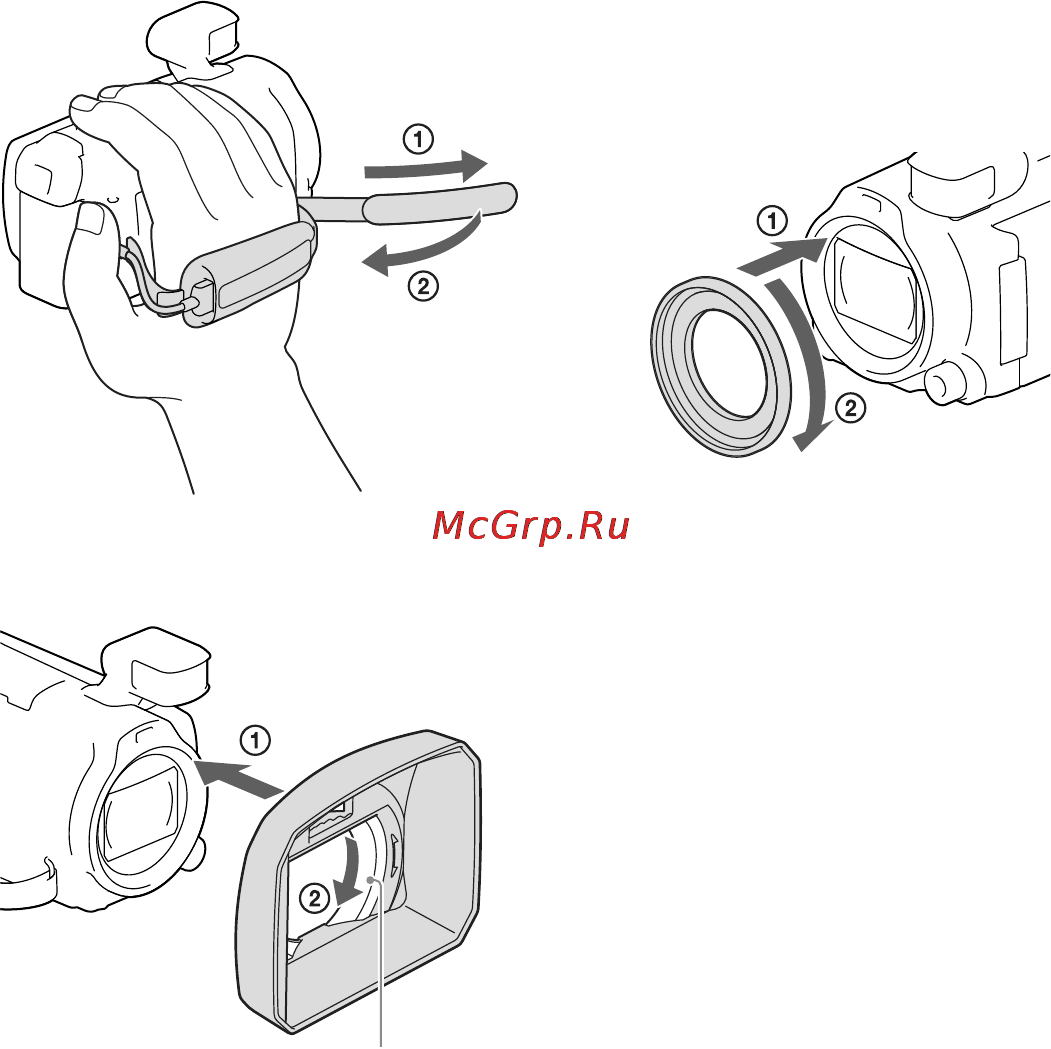 Sony HDR-PJ790 (E) (V) (VE) [14/163] Правильно совместите переходное кольцо с видеокамерой затем поверните его в направлении указанном стрелкой до момента фиксации