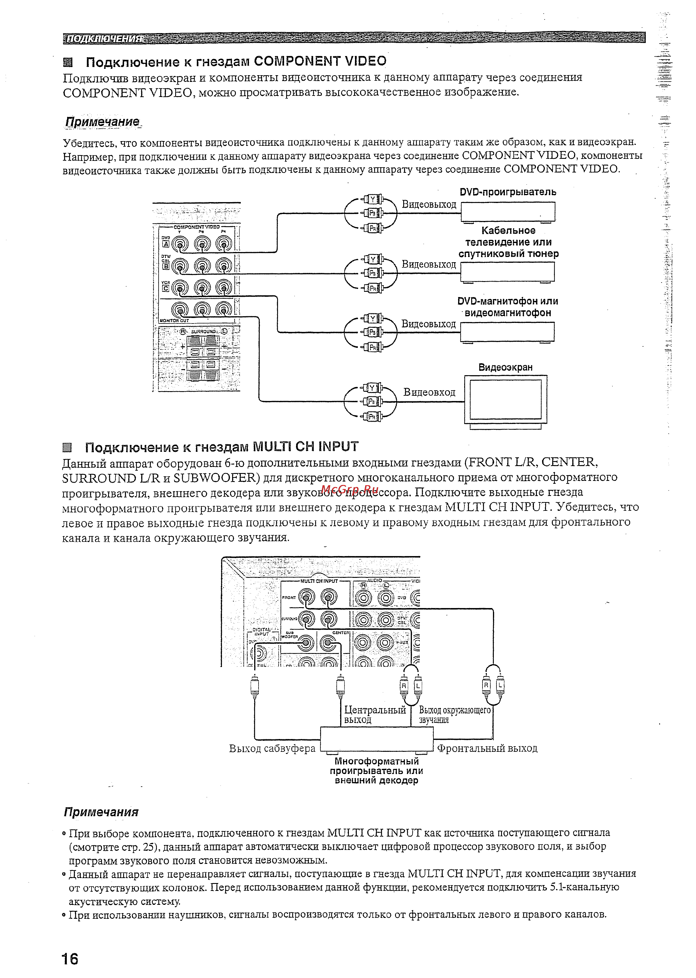 Yamaha RX-V359 RDS S [18/62] Подключение к гнездам multi ch input данный аппарат оборудован б ю дополнительными входными гнездами front l r center surround l r и subwoofer для дискретного многоканального приема от многоформатного проигрывателя внешнего декодера или звукового процессора подключите выходные гнезда многоформатного проигрывателя или внешнего декодера к гнездам multi ch input убедитесь что левое и правое выходные гнезда подключены к левому и правому входным гнездам для фронтального канала и канала окружающего звучания