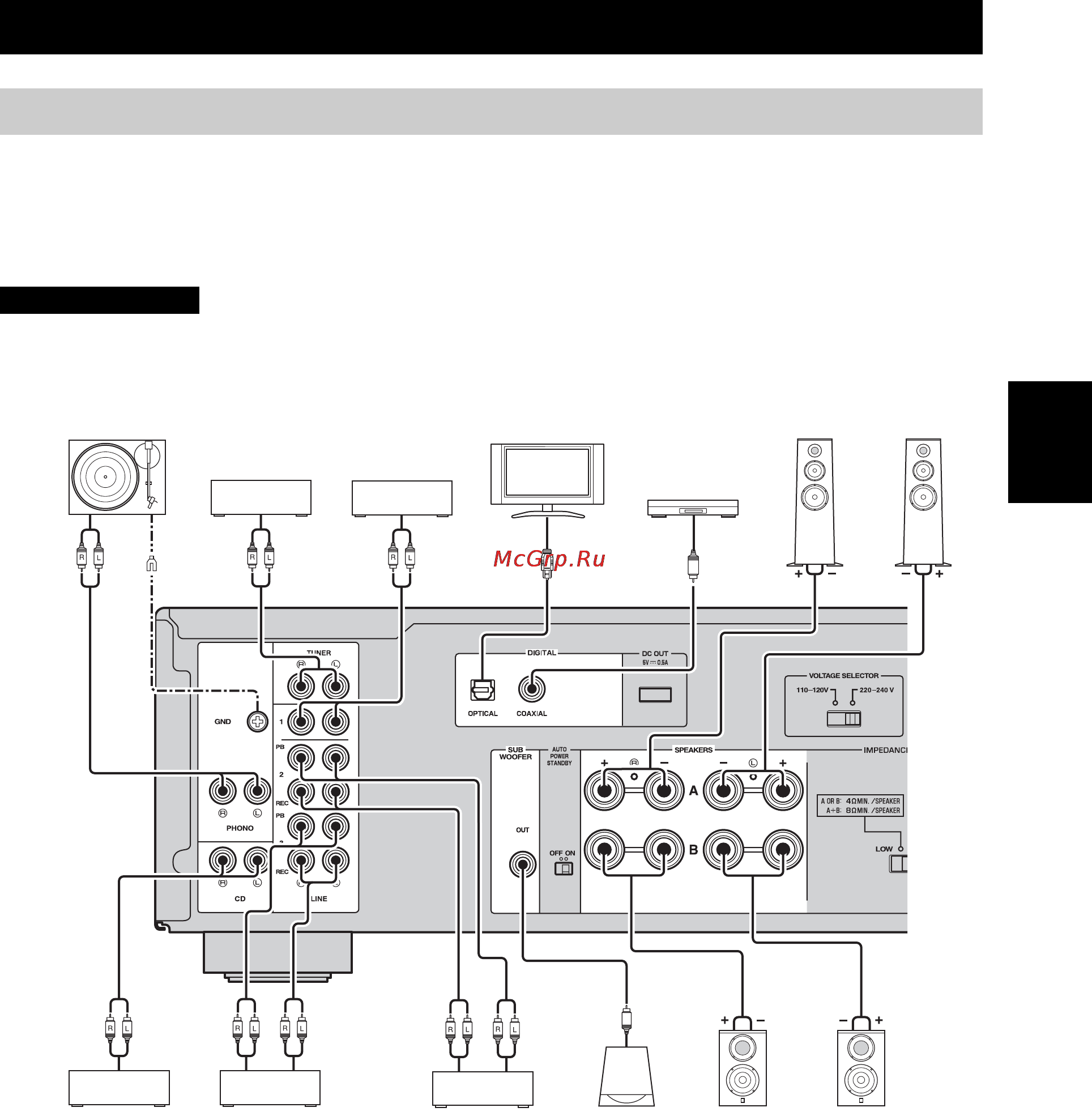 Yamaha A-S701 Silver [47/146] Achten sie darauf dass sie l links an l r rechts an r an und an anschließen wenn die anschlüsse fehlerhaft sind ist von den lautsprechern kein ton zu hören und wenn die polarität der lautsprecheranschlüsse nicht stimmt klingt es unnatürlich und es fehlen bässe schlagen sie bitte in den bedienungsanleitungen der einzelnen komponenten nach stellen sie sicher dass sie für den anschluss der audiokomponenten rca kabel oder optische kabel verwenden