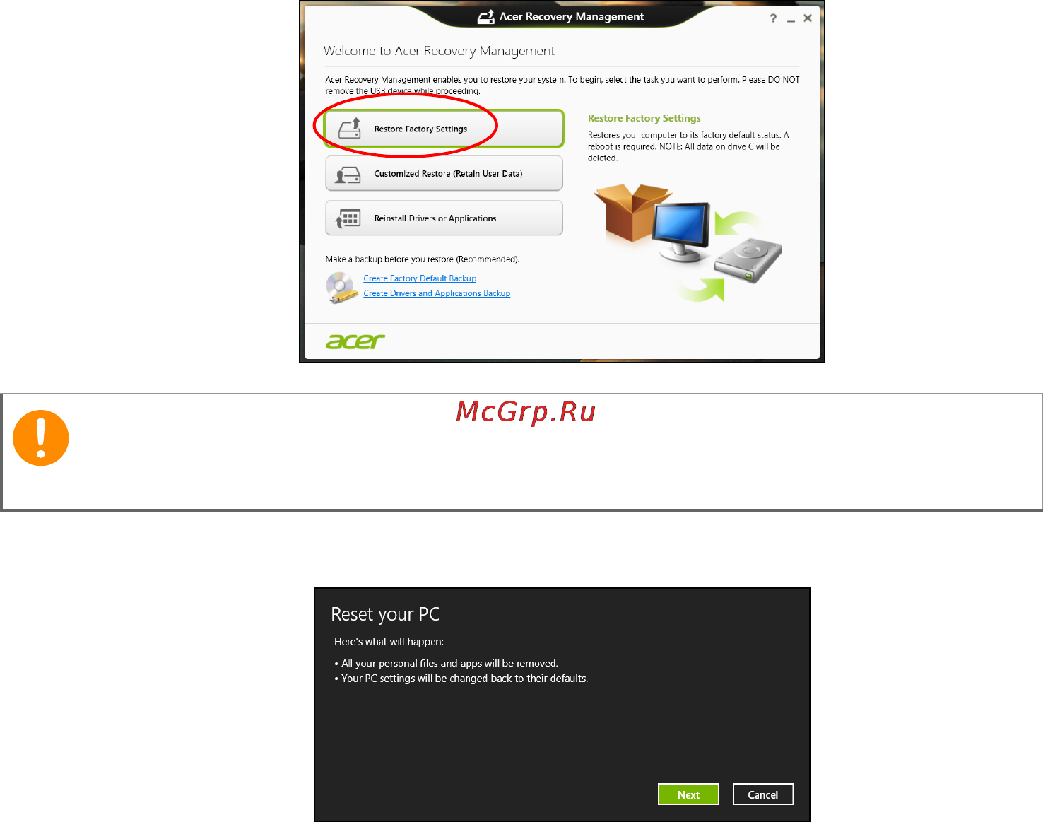 Acer revo one rl85, dt.syuer.004 [17/63] Restore factory settings with acer recovery management