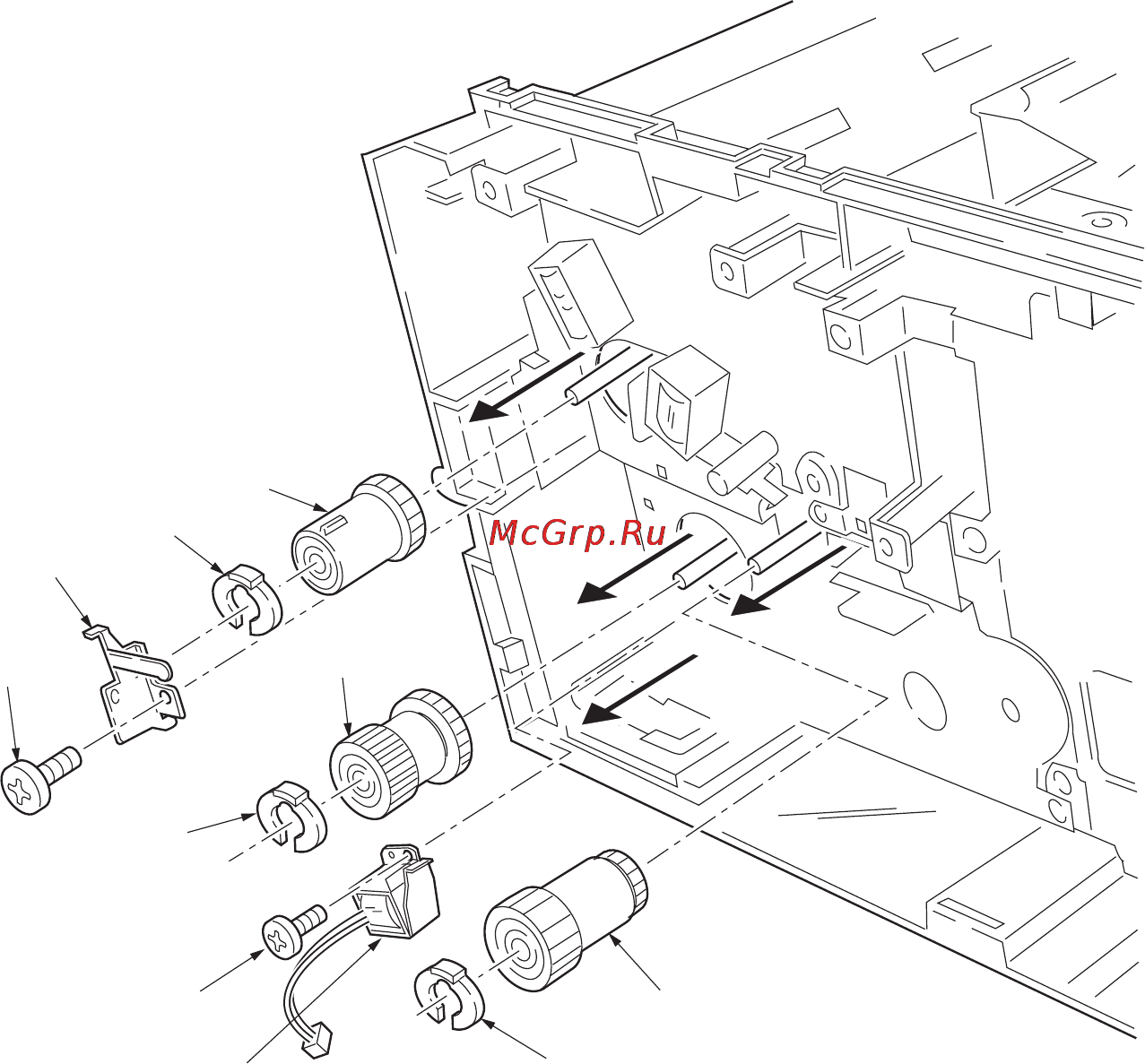 Kyocera FS-1030D [81/140] Remove the main pwb see page 1 6 10 11 remove one screw and then remove the grounding plate 12 remove one screw and then remove the feed solenoid 13 remove three stop rings 14 remove mp feed clutch gear feed clutch gear and registration clutch gear