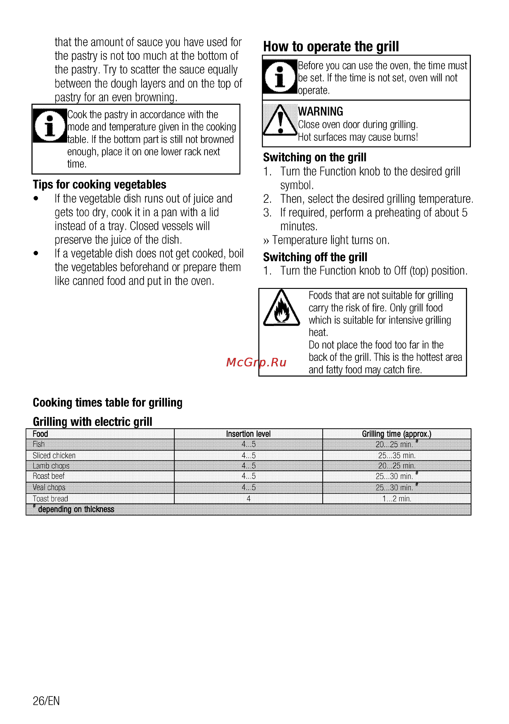 Beko cse 62320 gw [26/68] How to operate the grill_______