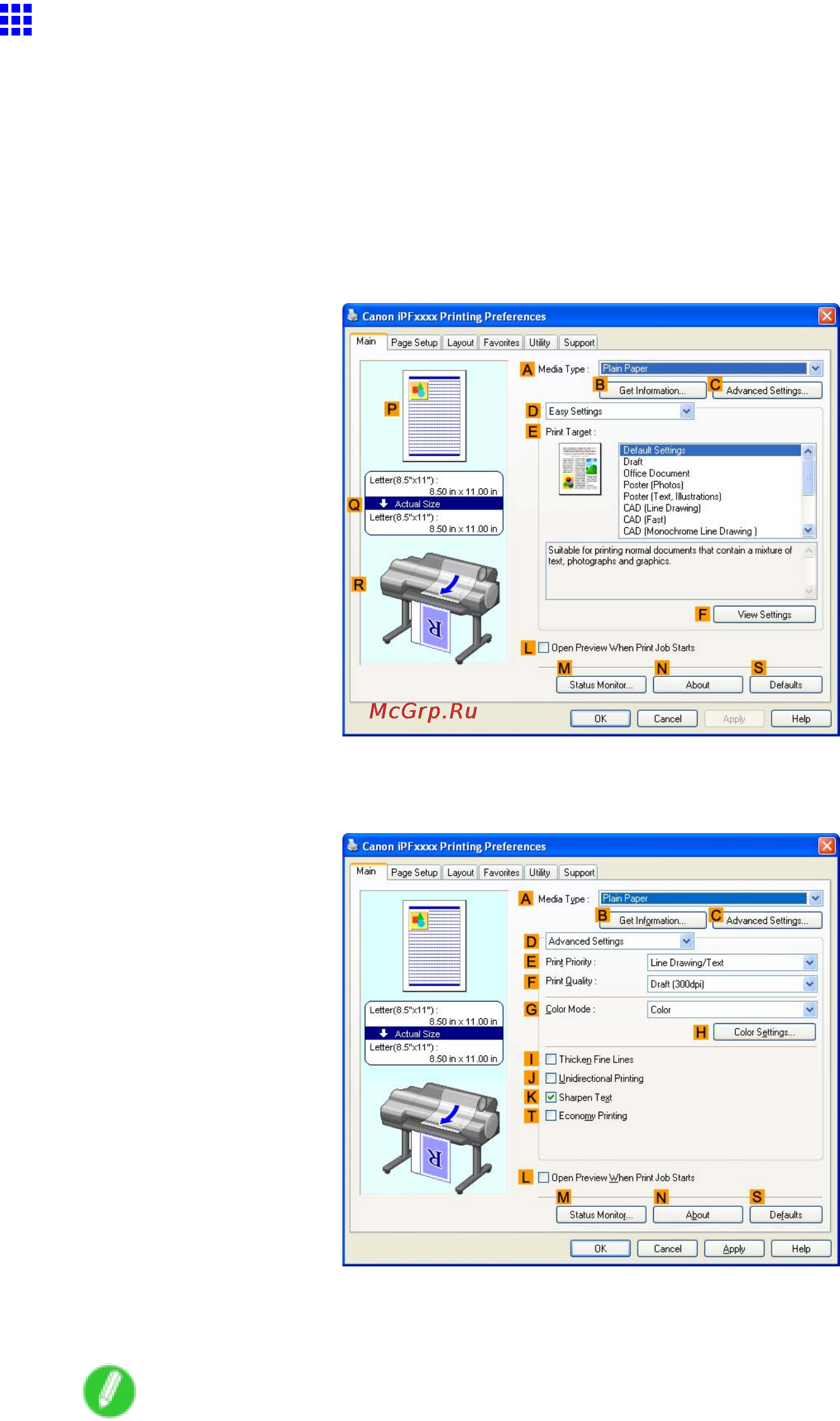 Canon imageprograf ipf605 [210/578] Choosing the document type and printing conditions windows