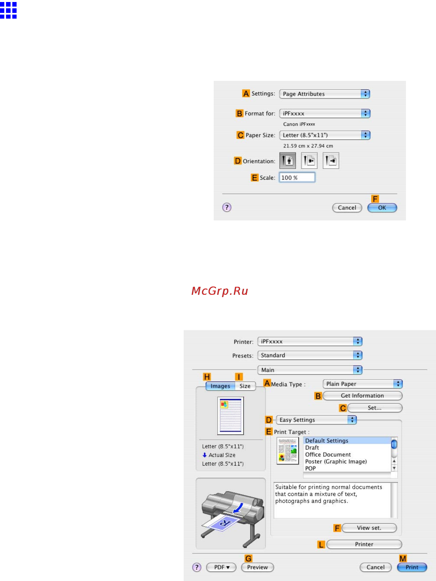 Canon imageprograf ipf605 [407/578] Specifying paper in the printer driver mac os x