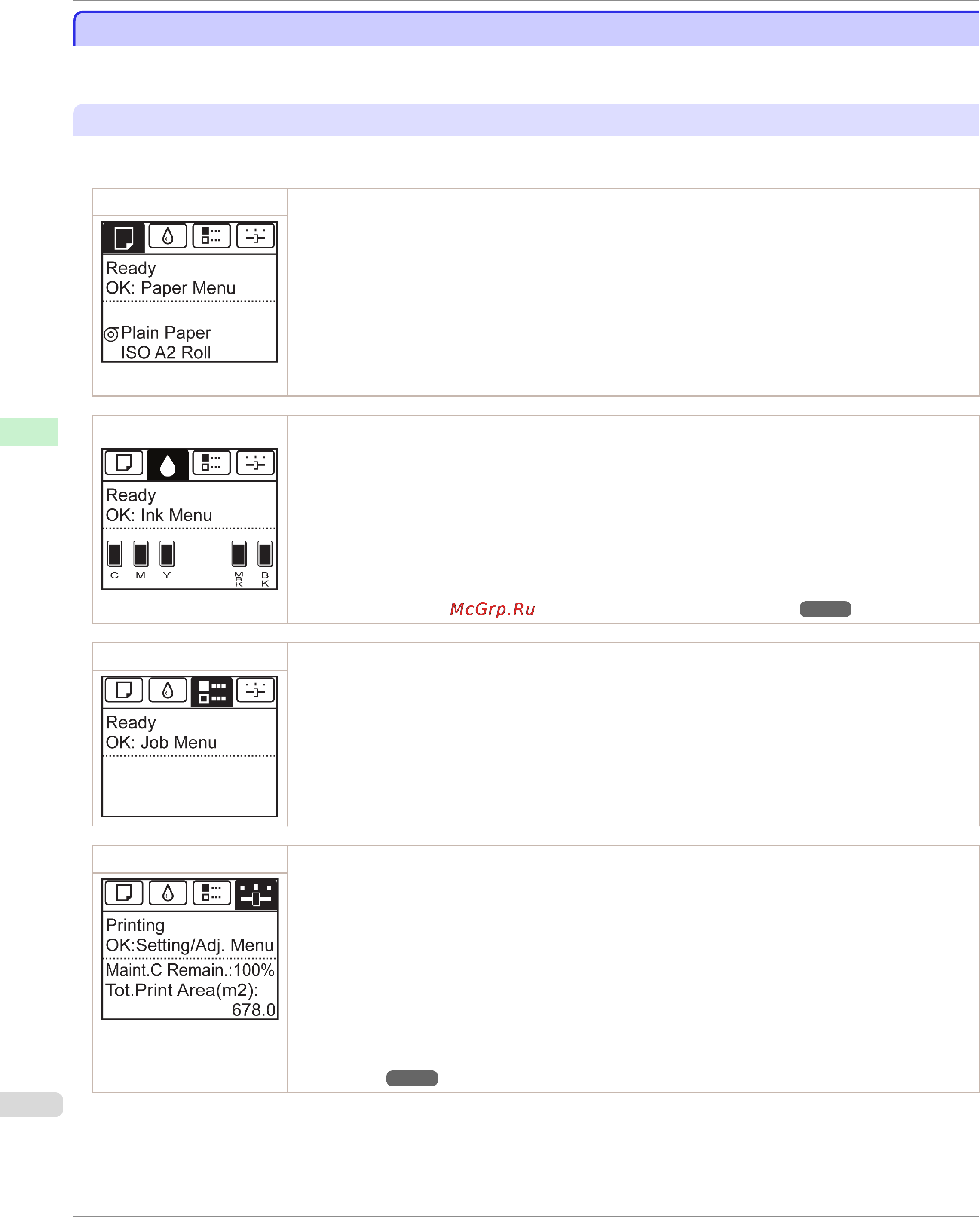 Canon imageprograf ipf785 [438/700] Control panel display control panel display