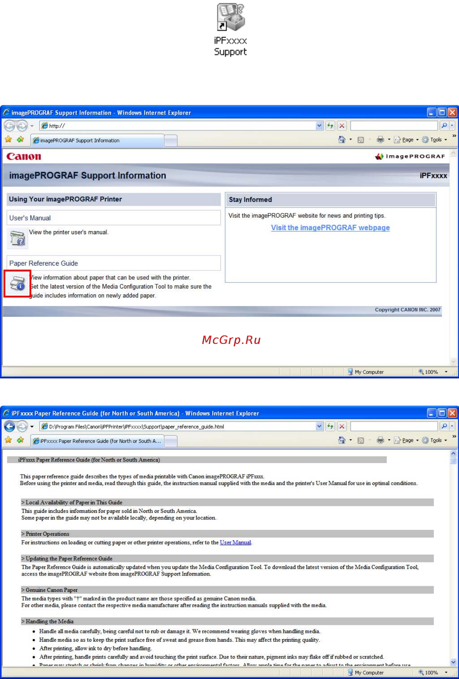 Canon imagePROGRAF iPF810 [140/710] Accessing the paper reference guide from imageprograf support information