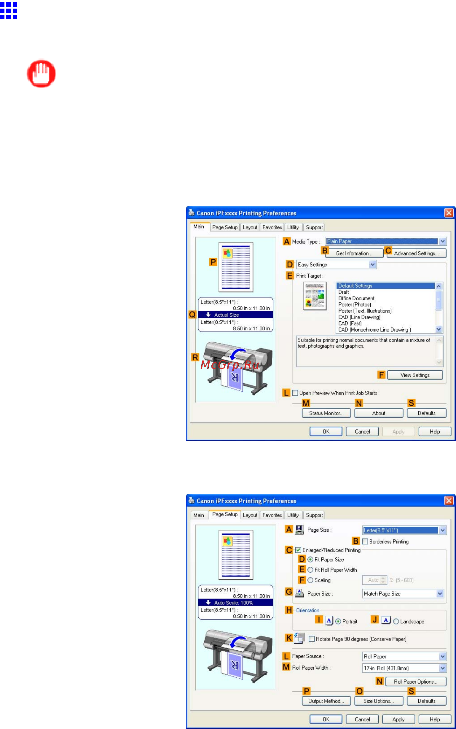 Canon imagePROGRAF iPF810 [396/710] Specifying paper in the printer driver windows
