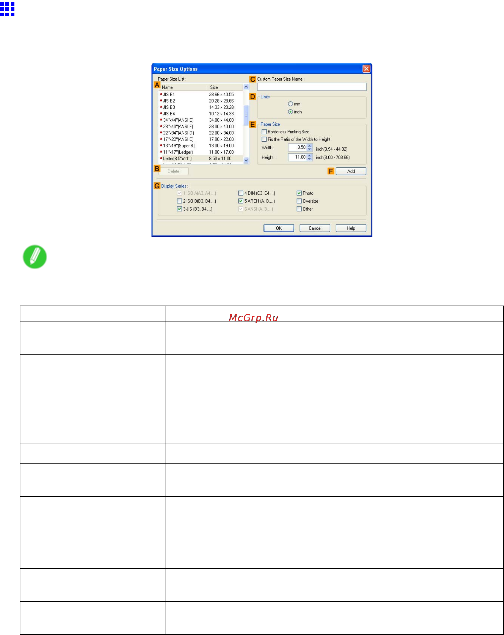 Canon imagePROGRAF iPF810 [423/710] Paper size options dialog box windows