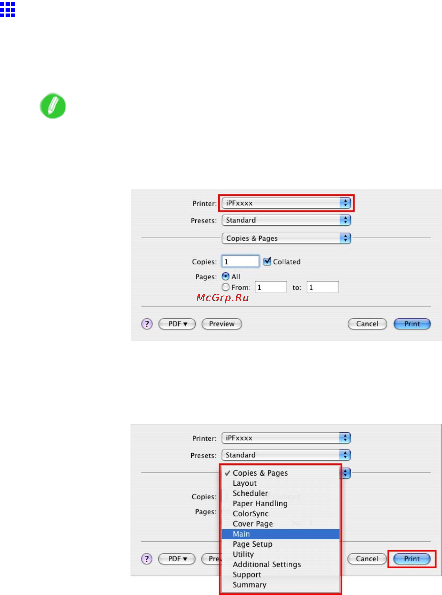 Canon imagePROGRAF iPF810 [449/710] Accessing the printer driver dialog box from applications mac os x