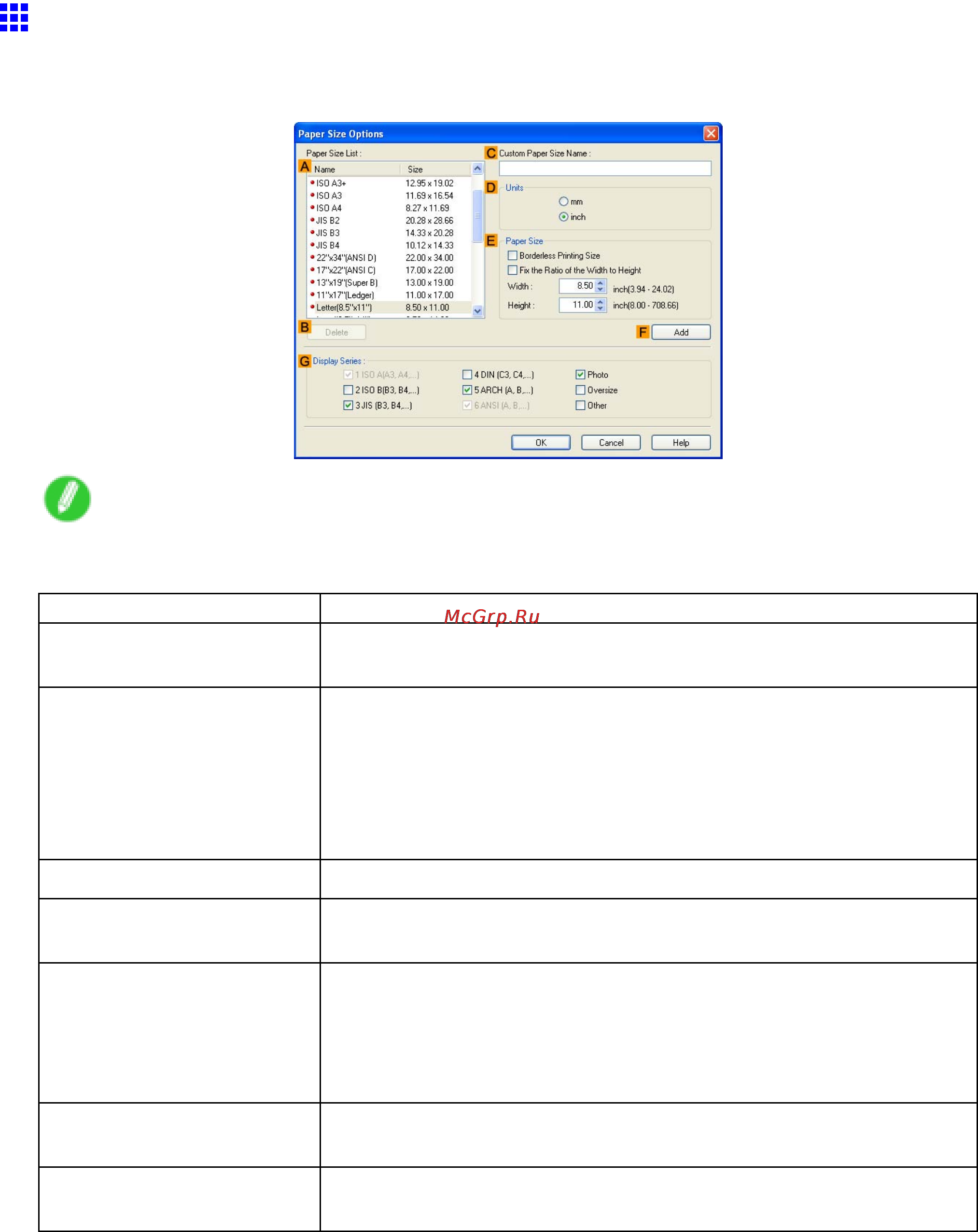 Canon imagePROGRAF iPF6000S [426/730] Paper size options dialog box windows