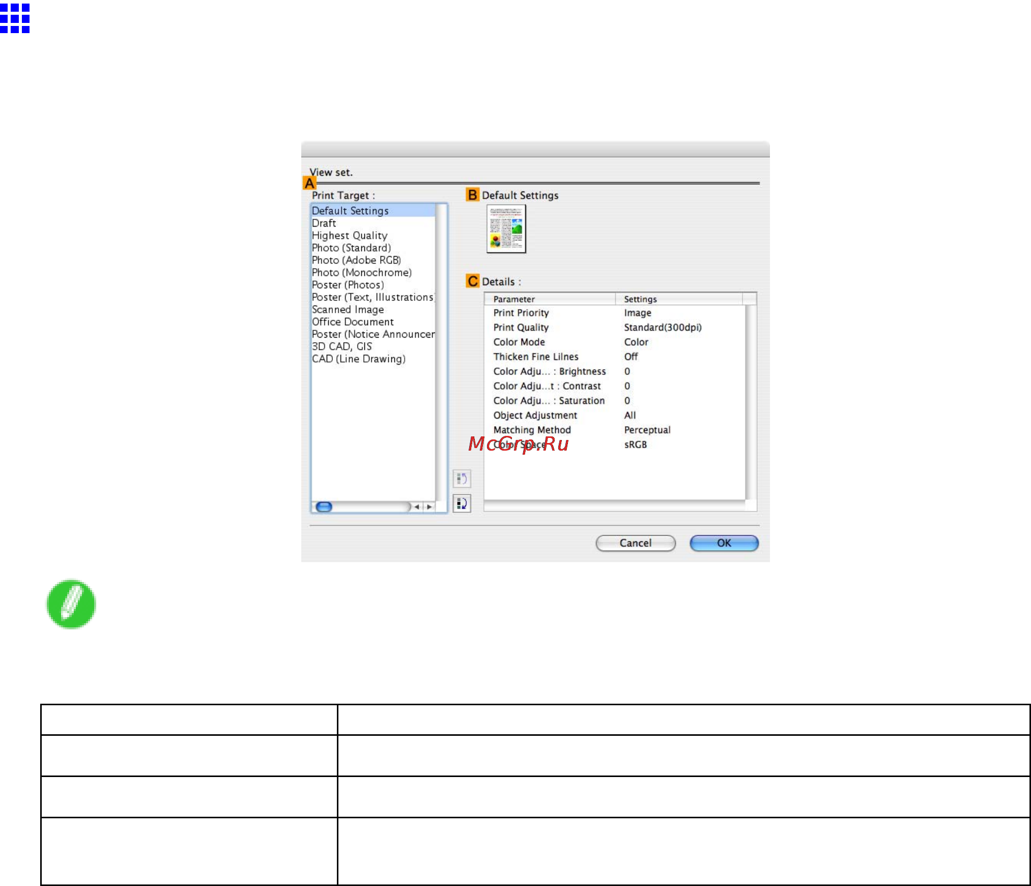 Canon imagePROGRAF iPF6000S [460/730] View settings dialog box for the printing application mac os x