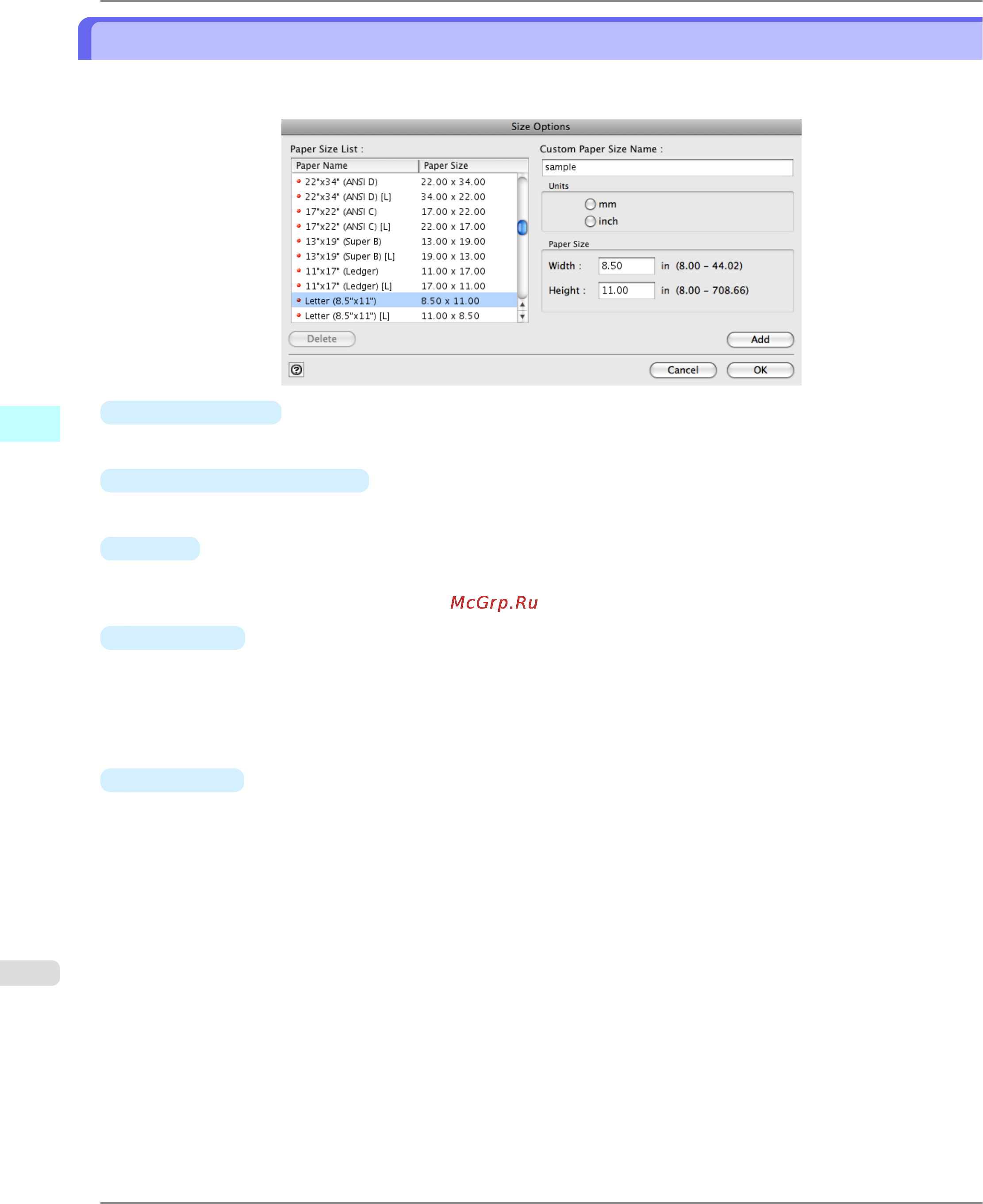 Canon imagePROGRAF iPF6300 [652/1126] Size options dialog box