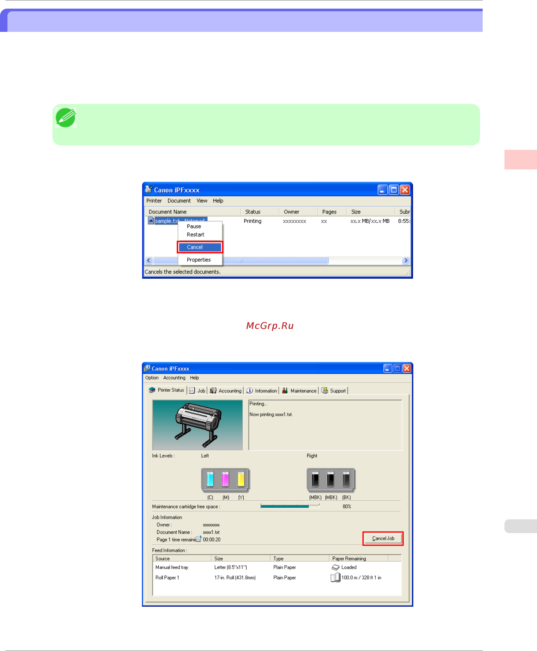 Canon imagePROGRAF iPF750 [31/878] Canceling print jobs from windows