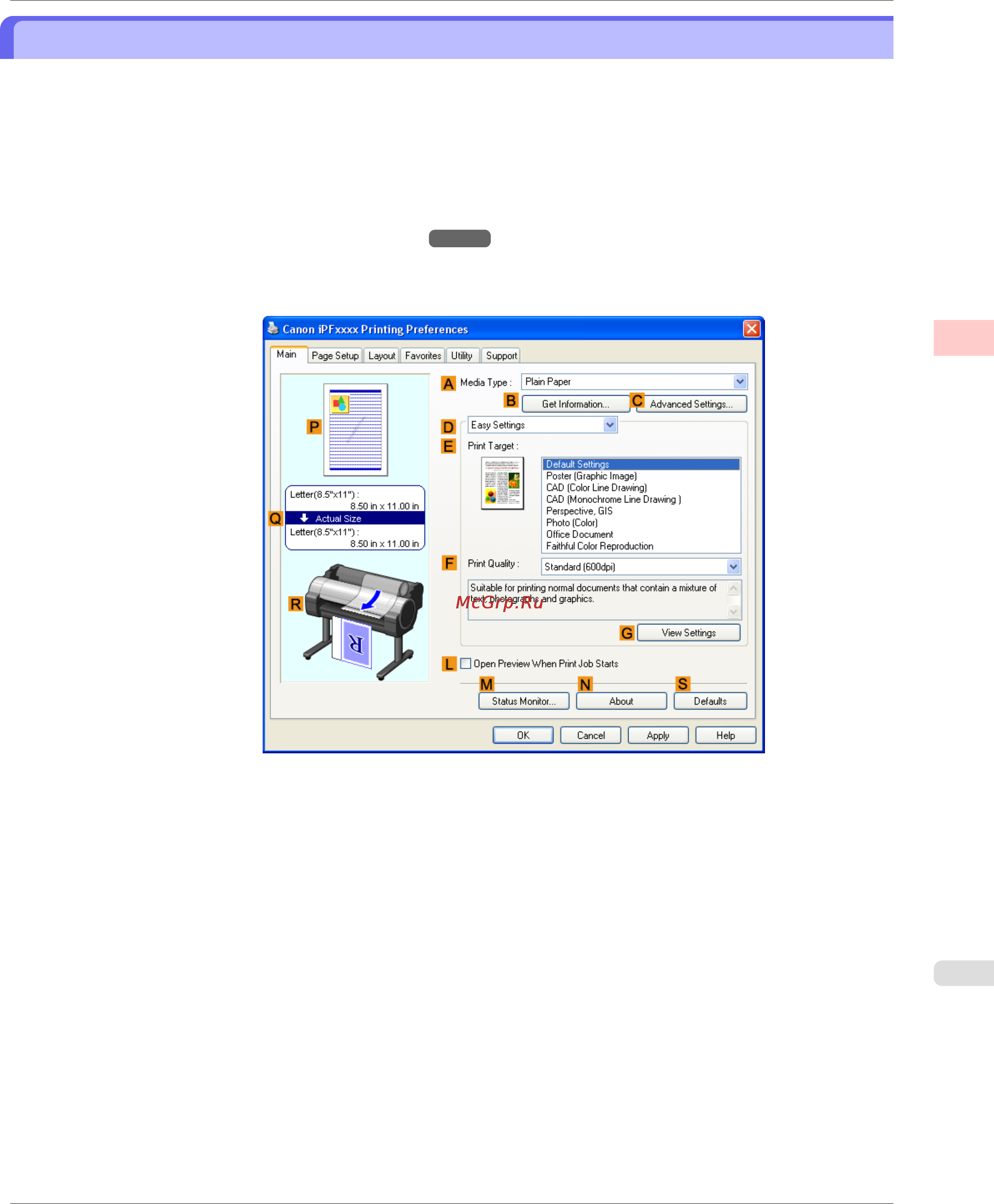 Canon imagePROGRAF iPF750 [79/878] Choosing the document type and printing conditions windows
