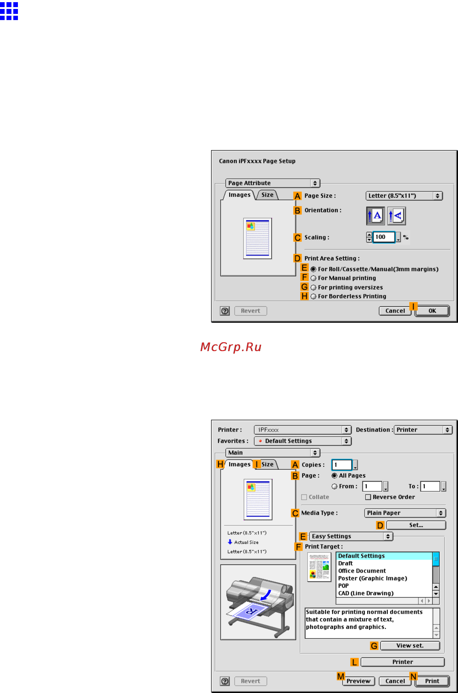 Canon imagePROGRAF iPF610 [238/746] Choosing the document type and printing conditions mac os 9