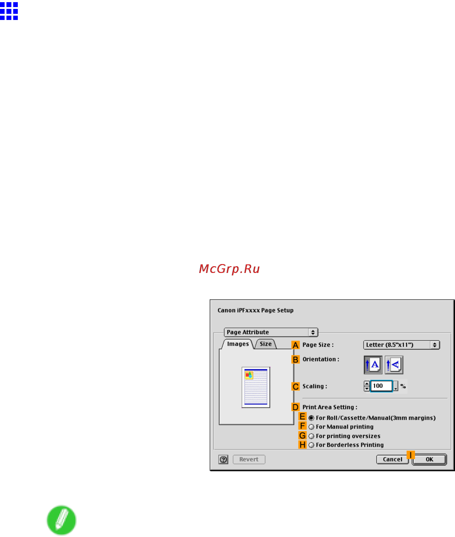 Canon imagePROGRAF iPF610 [370/746] Borderless printing by resizing originals to match the paper size mac os 9
