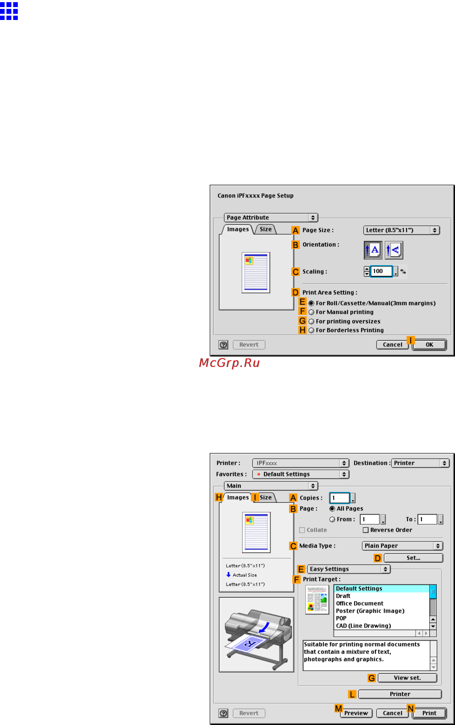 Canon imagePROGRAF iPF610 [435/746] Printing originals centered on sheets mac os 9