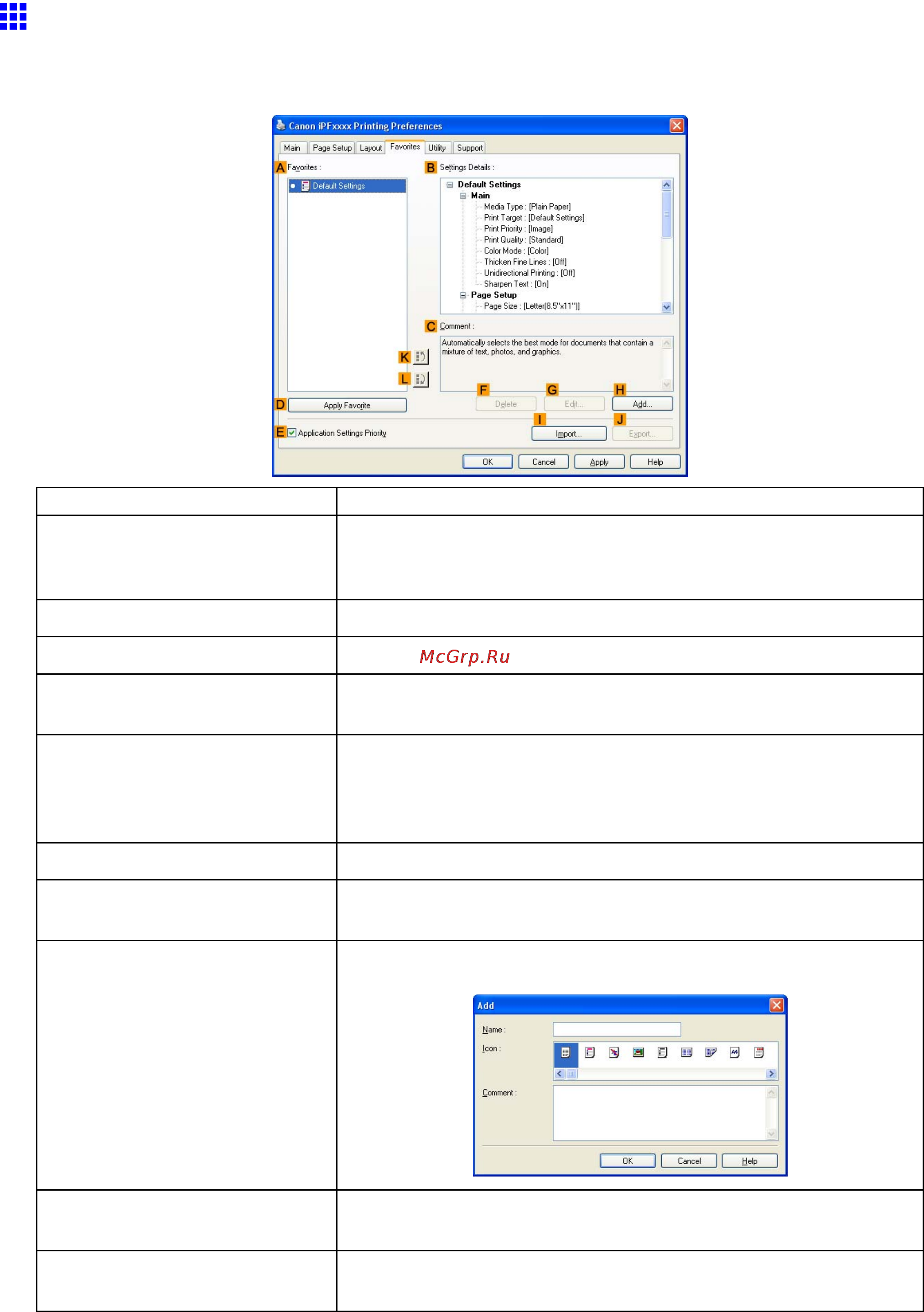 Canon imagePROGRAF iPF610 [497/746] Favorites sheet windows