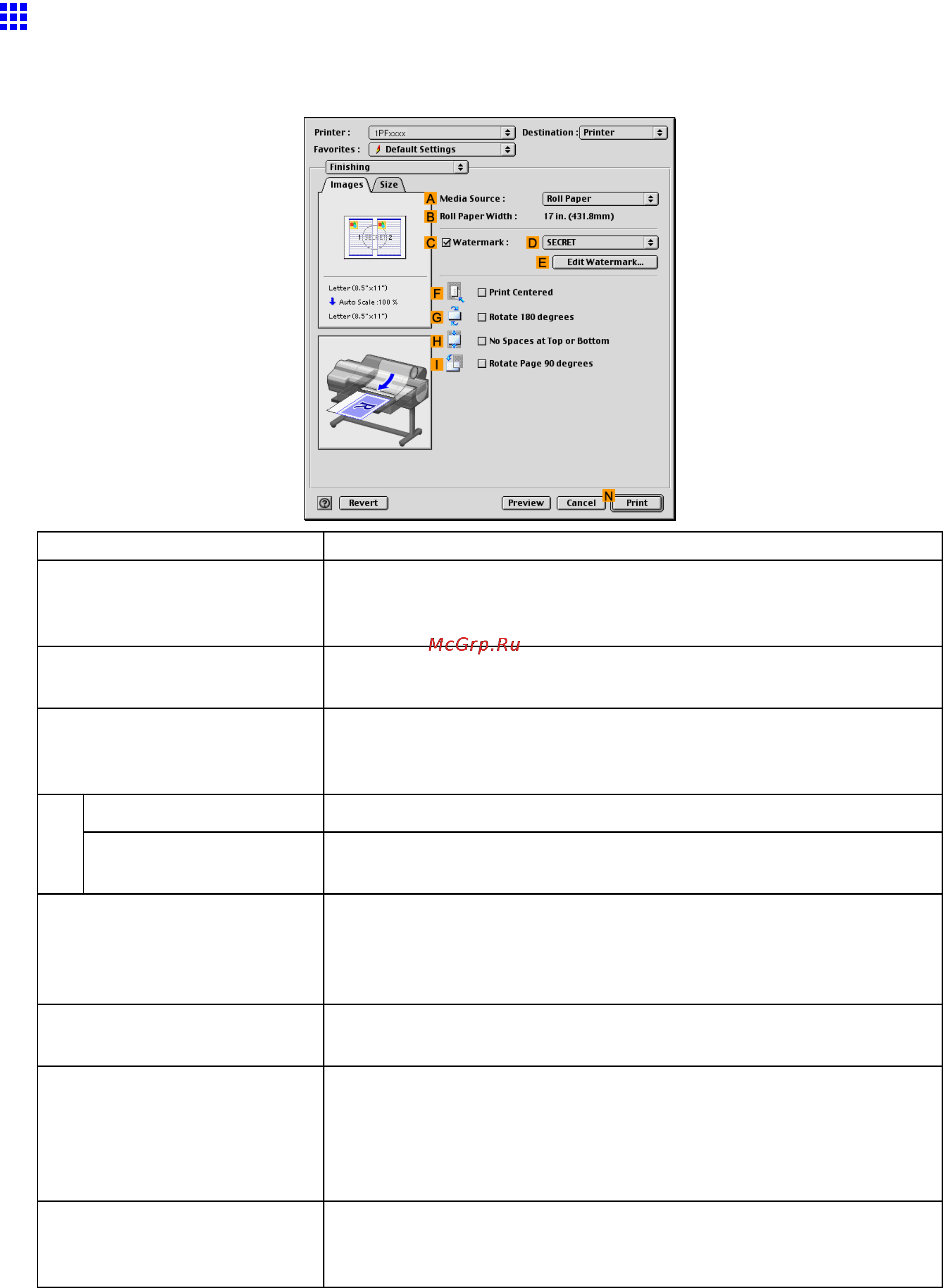 Canon imagePROGRAF iPF610 [557/746] Finishing pane mac os 9