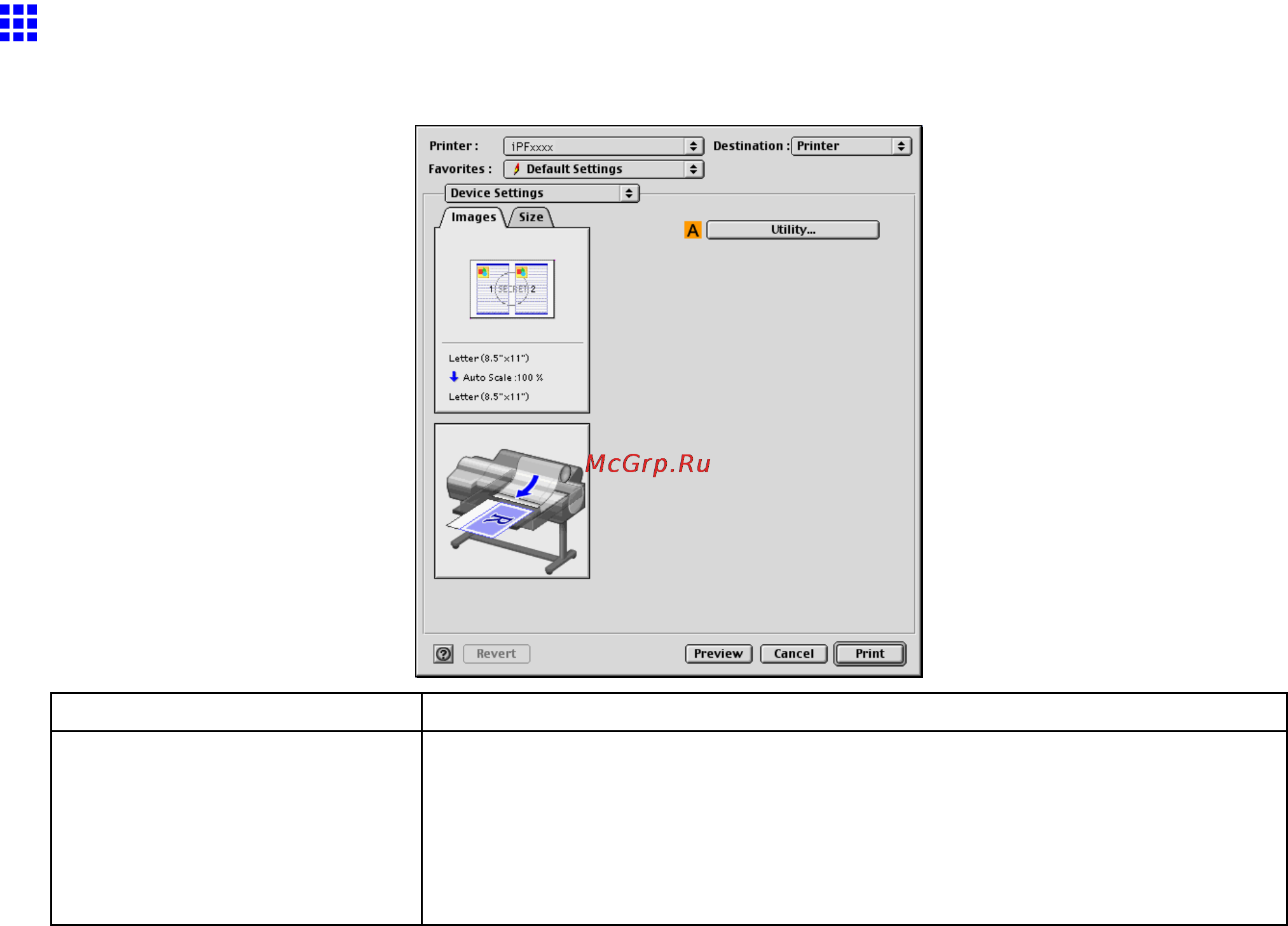 Canon imagePROGRAF iPF610 [558/746] Device settings pane mac os 9