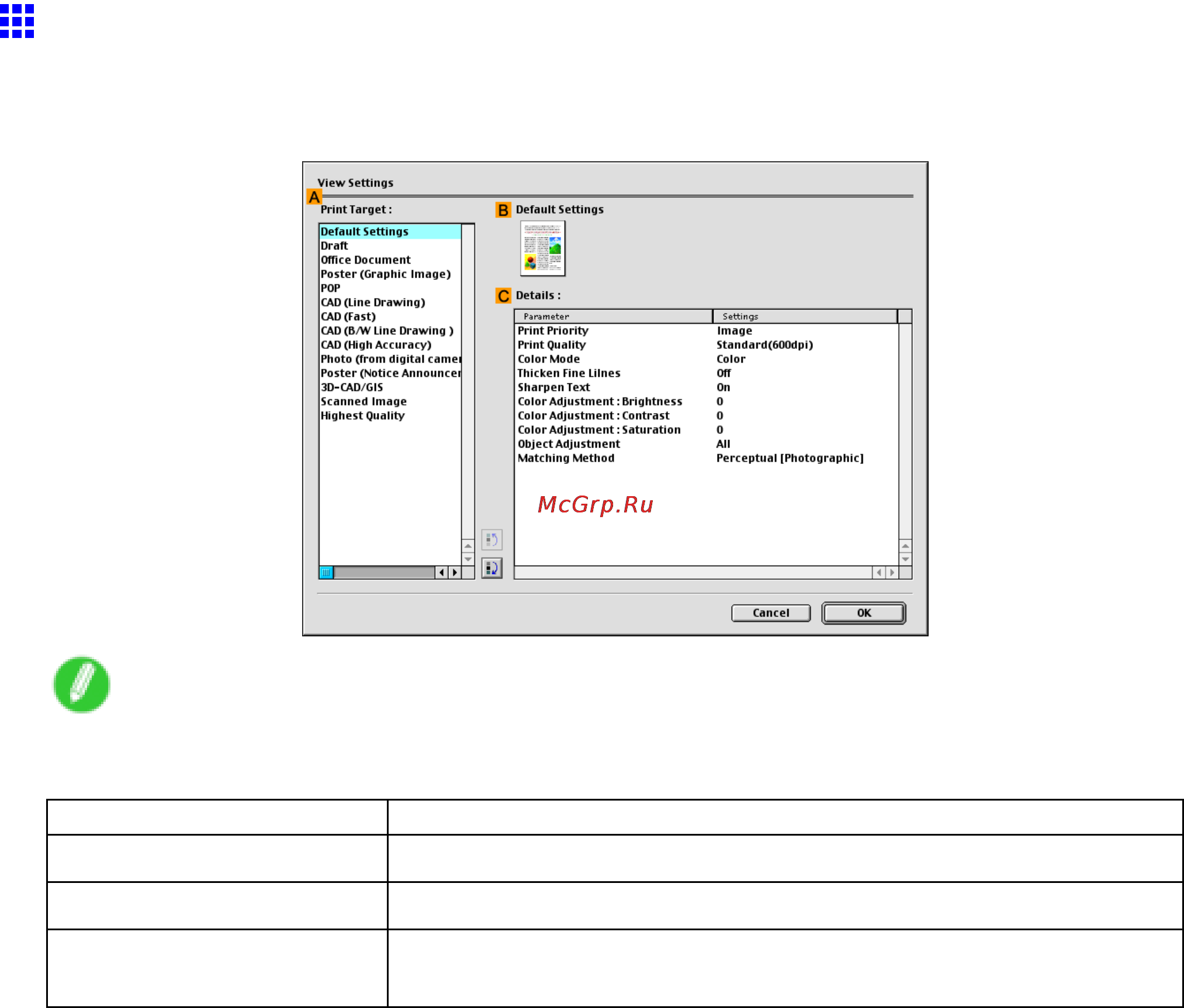Canon imagePROGRAF iPF610 [573/746] View settings dialog box for the printing application mac os 9