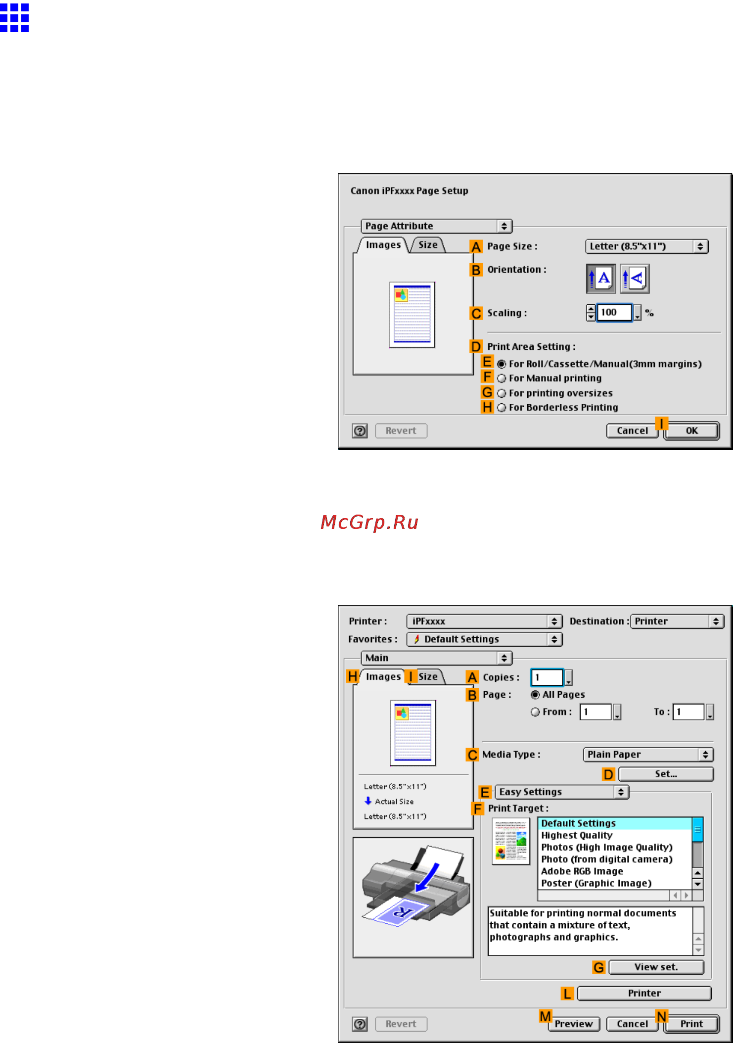Canon imagePROGRAF iPF5100 [112/788] Specifying paper in the printer driver mac os 9