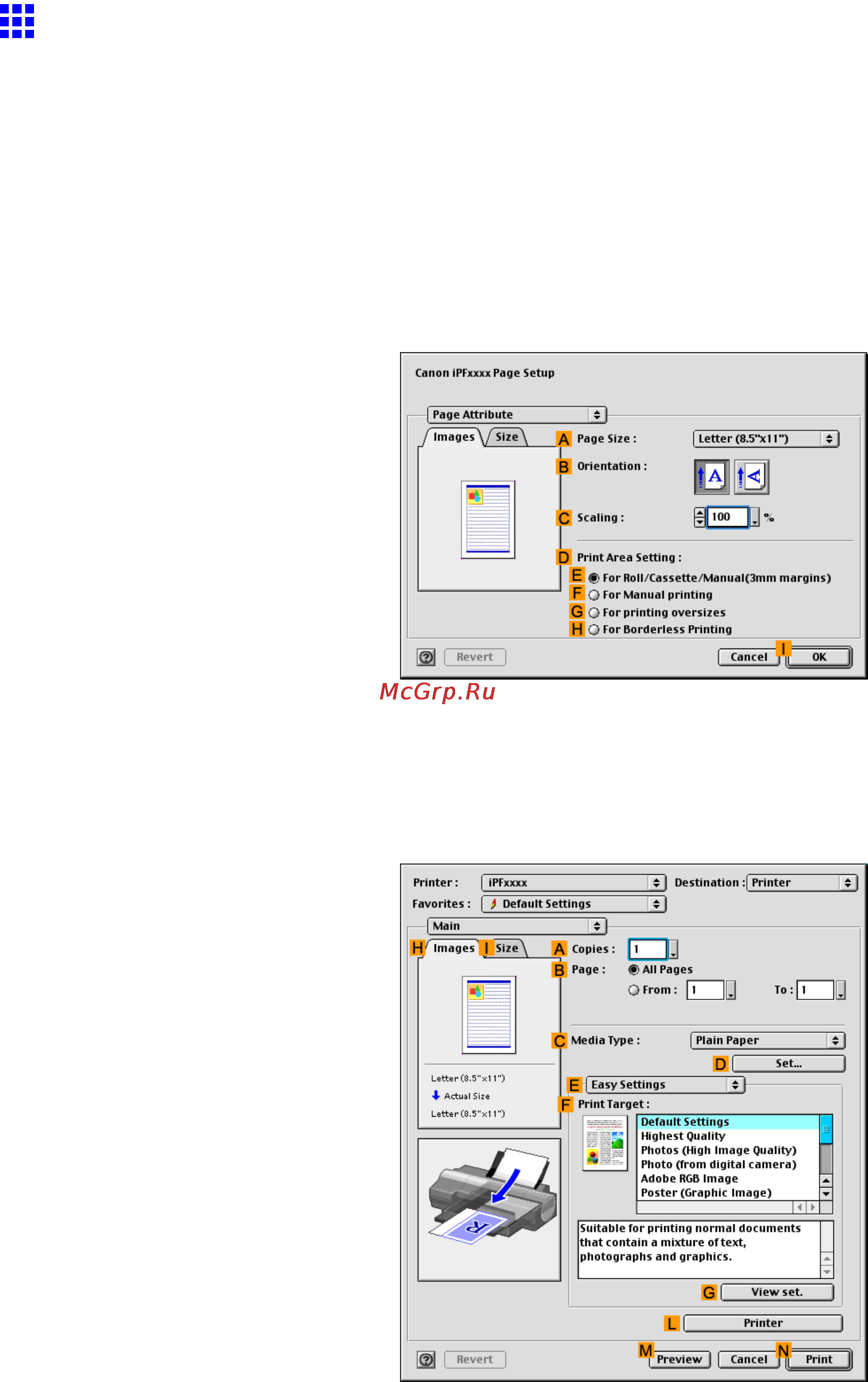 Canon imagePROGRAF iPF5100 [433/788] Printing originals centered on sheets mac os 9