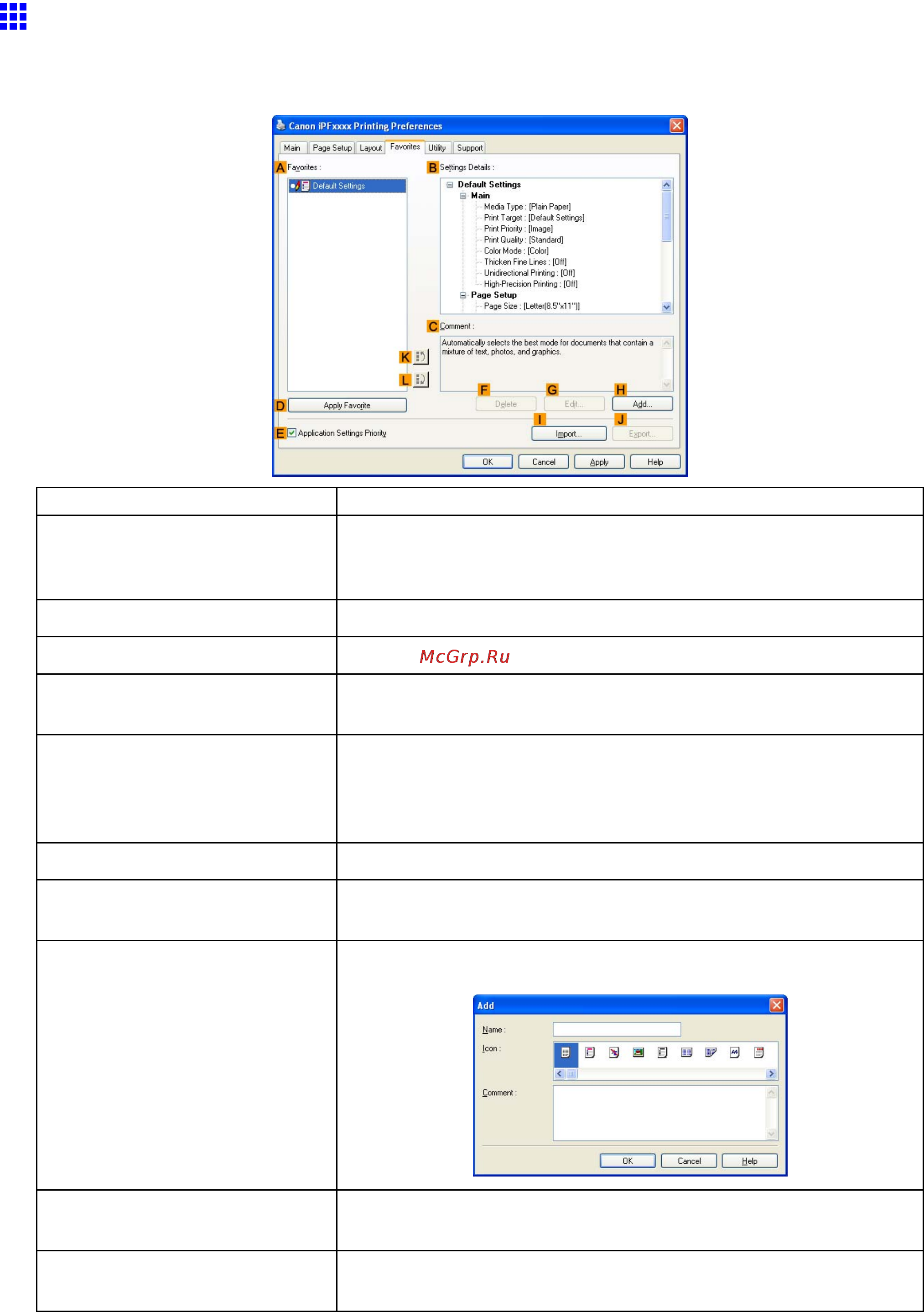 Canon imagePROGRAF iPF5100 [497/788] Favorites sheet windows