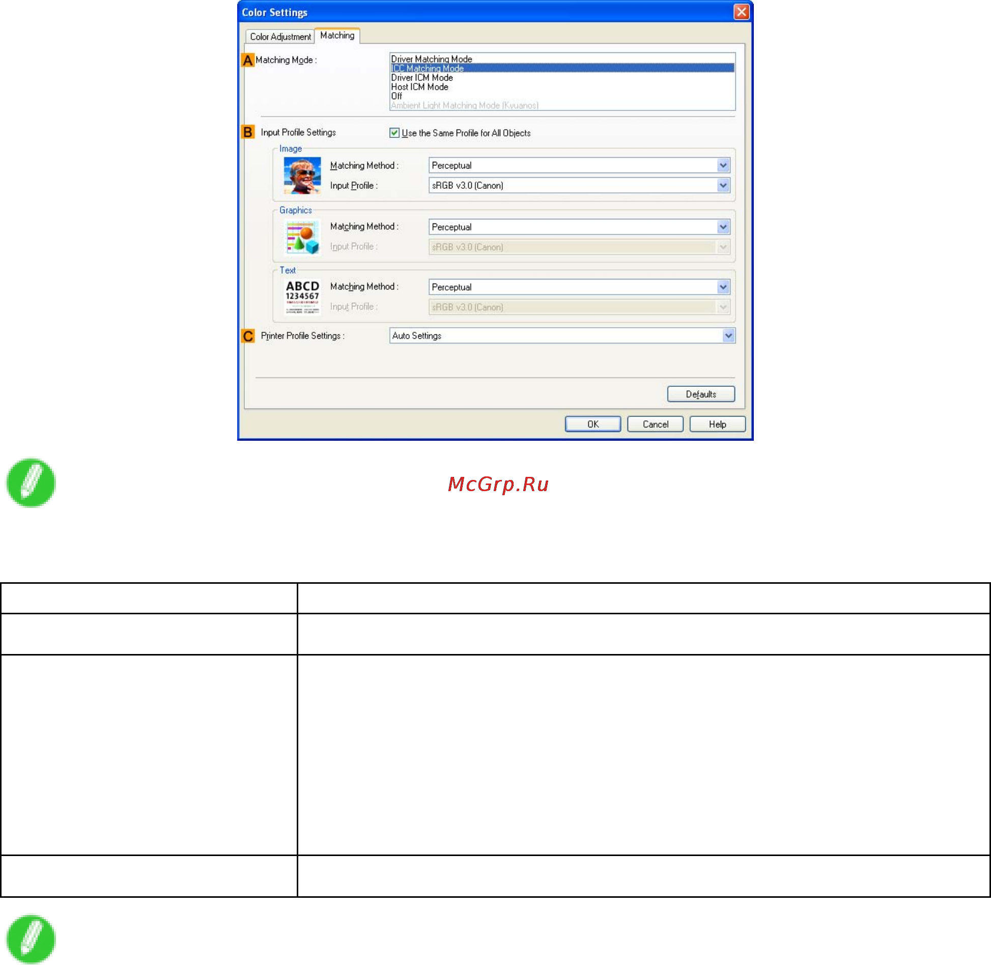 Canon imagePROGRAF iPF5100 [518/788] Matching sheet icc matching mode driver icm mode and host icm mode