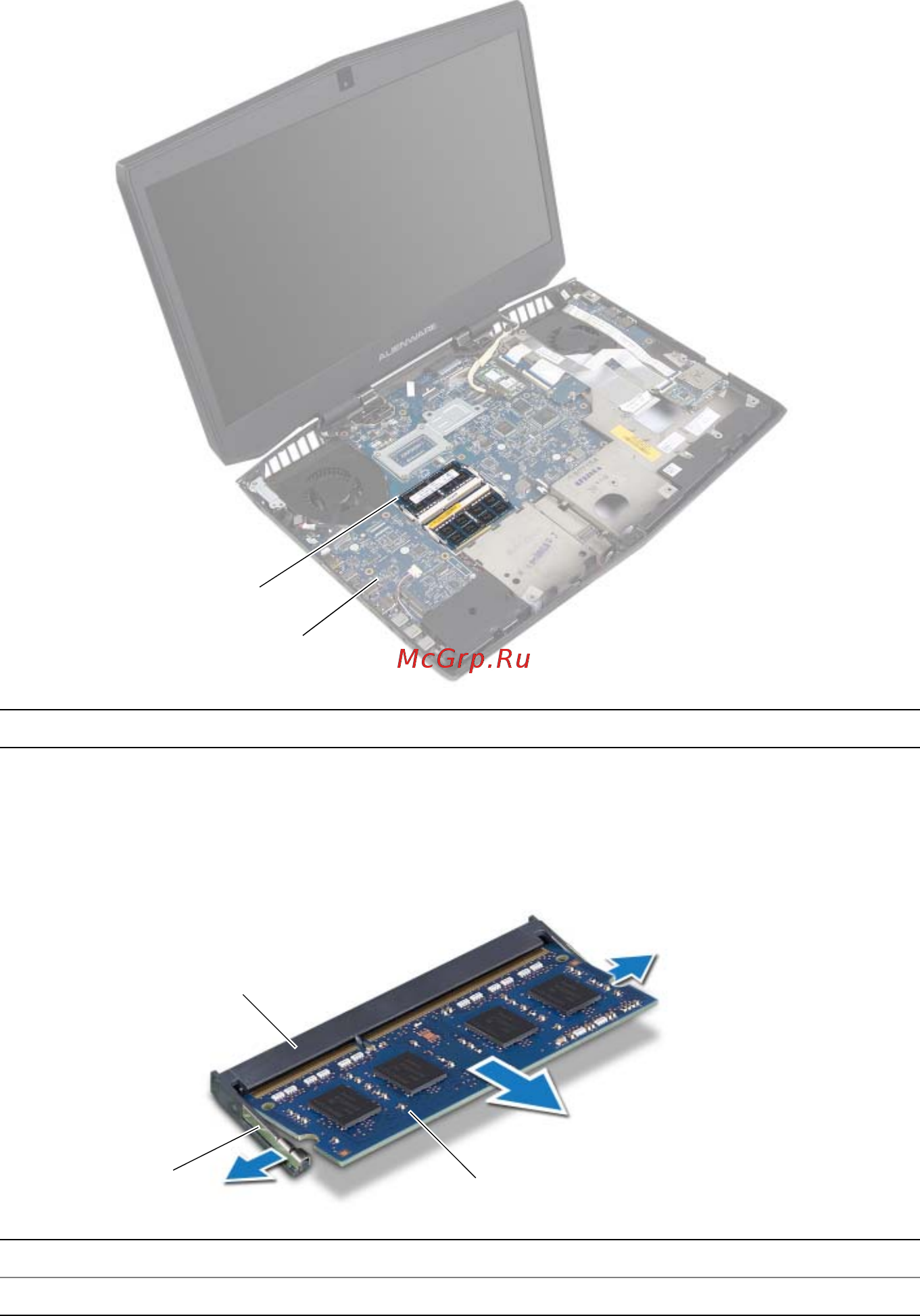 Dell alienware 17, a17-6519 [51/128] Using your fingertips carefully spread apart the securing clips at the sides of the memory module connector until the memory module pops up