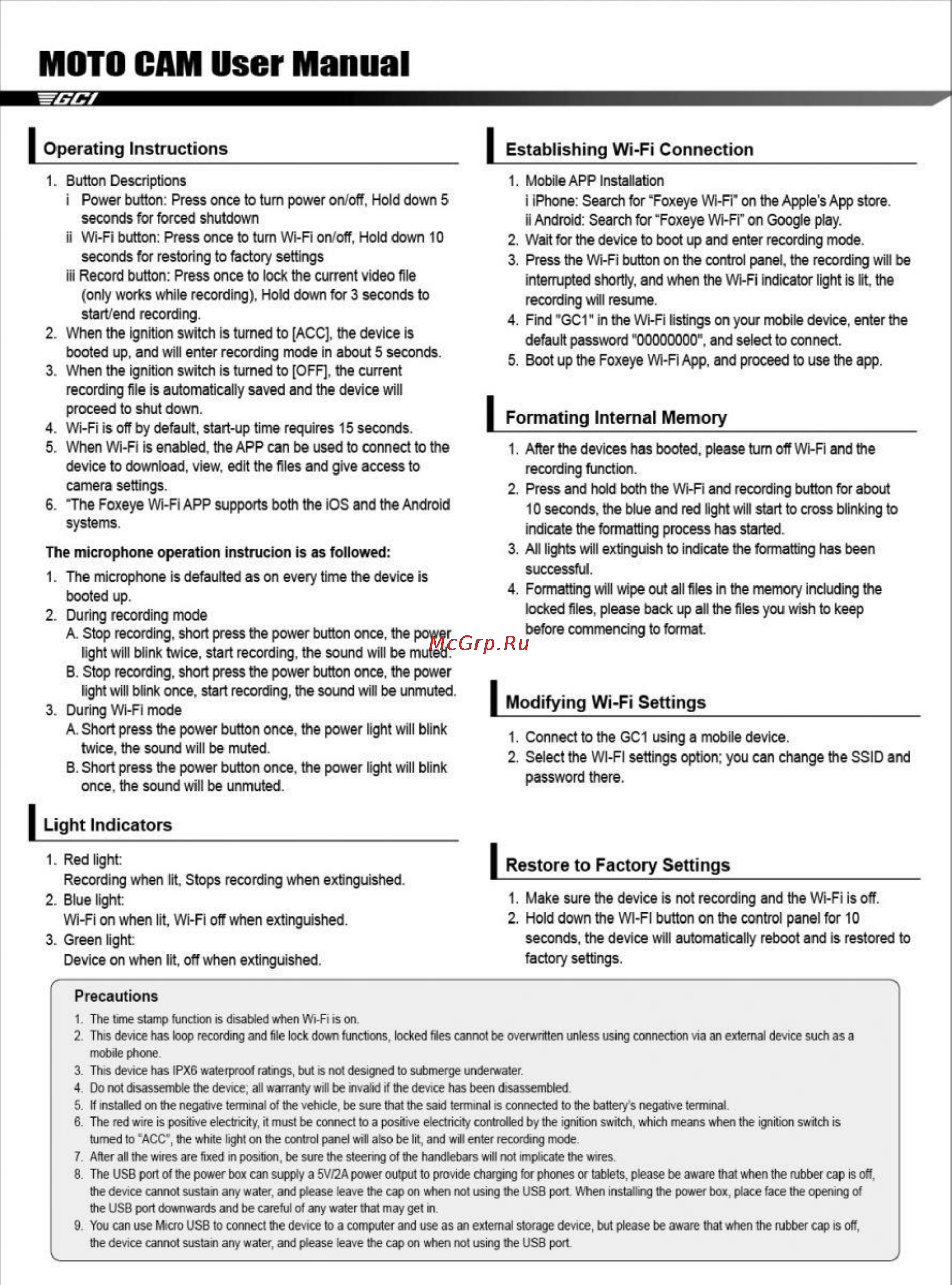Foxeye gc1 moto cam [2/2] Moto cam user manual