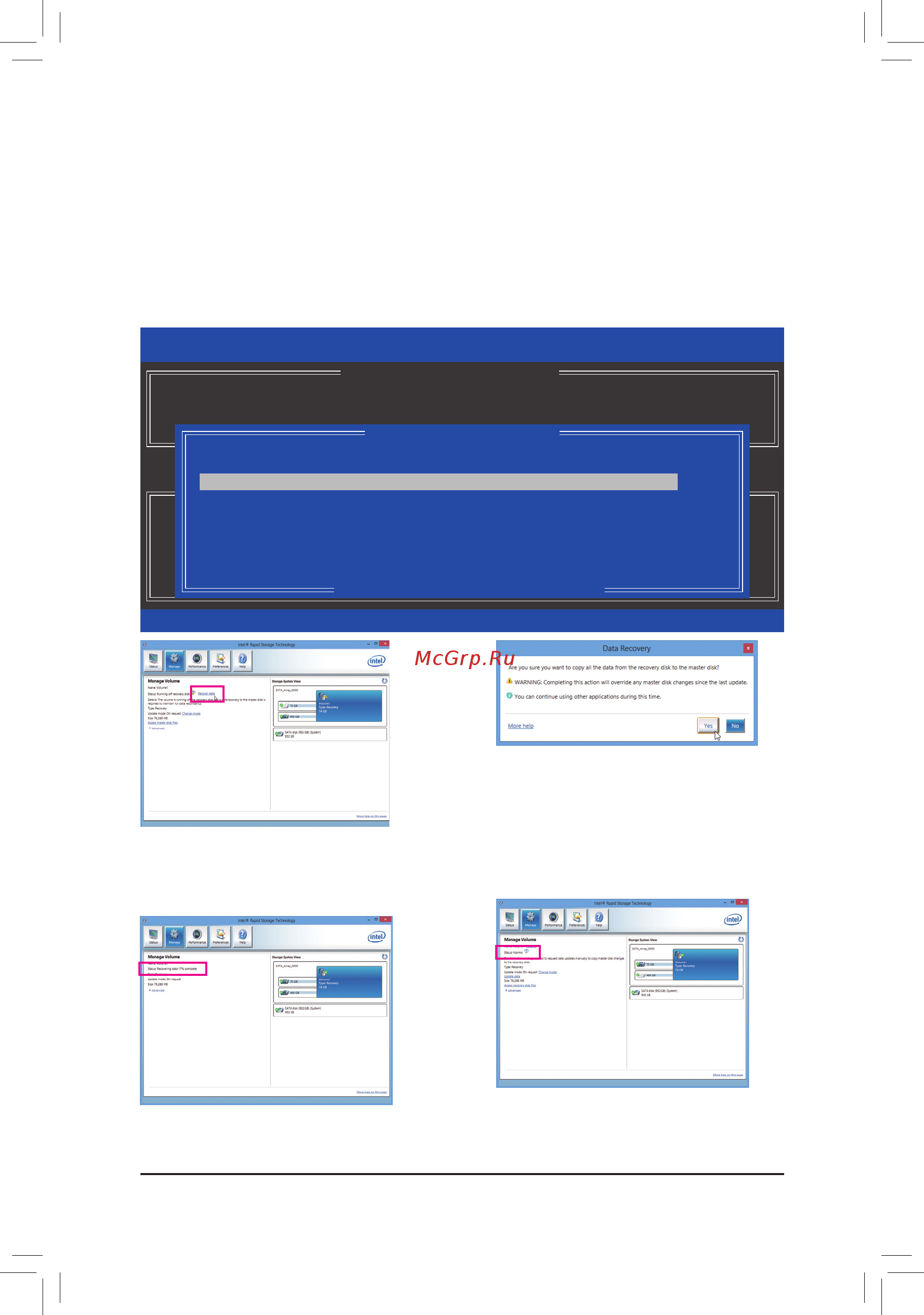 Gigabyte G1.Sniper Z6 [72/80] Raidconfigurationutility onthe recovery volumes options menu select enable only recovery disk to show the recovery drive in theoperatingsystem followtheon screeninstructi...