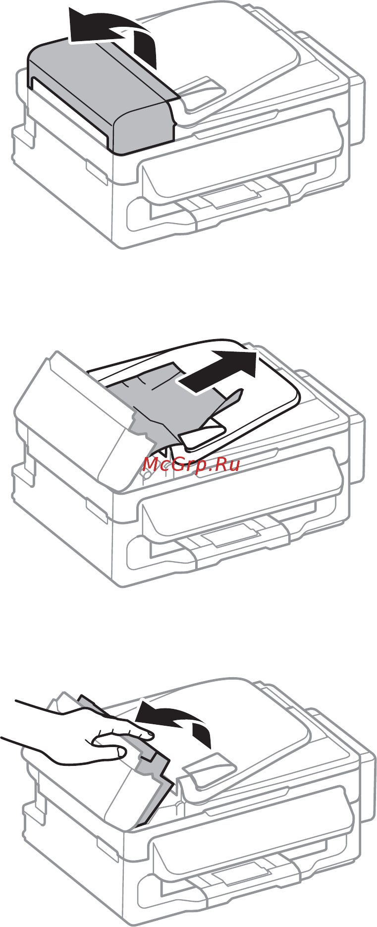 Epson L566 [110/144] Извлечение застрявшей бумаги из автоматического податчика